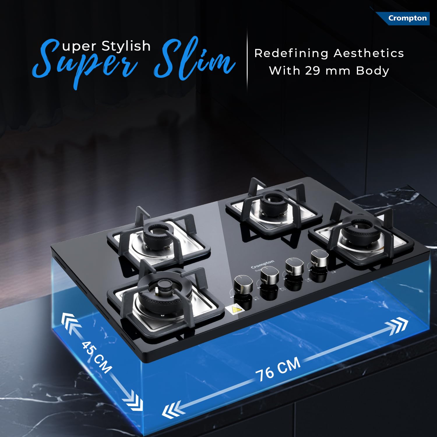 Crompton Superslim Hb TAB 30-inch 4-Burner Super Slim Gas Stove with Tempered Glass Top - Midnight Black | Compact Kitchen Solution for Small Spaces & Apartments | Durable & Stylish Cooking Hob
