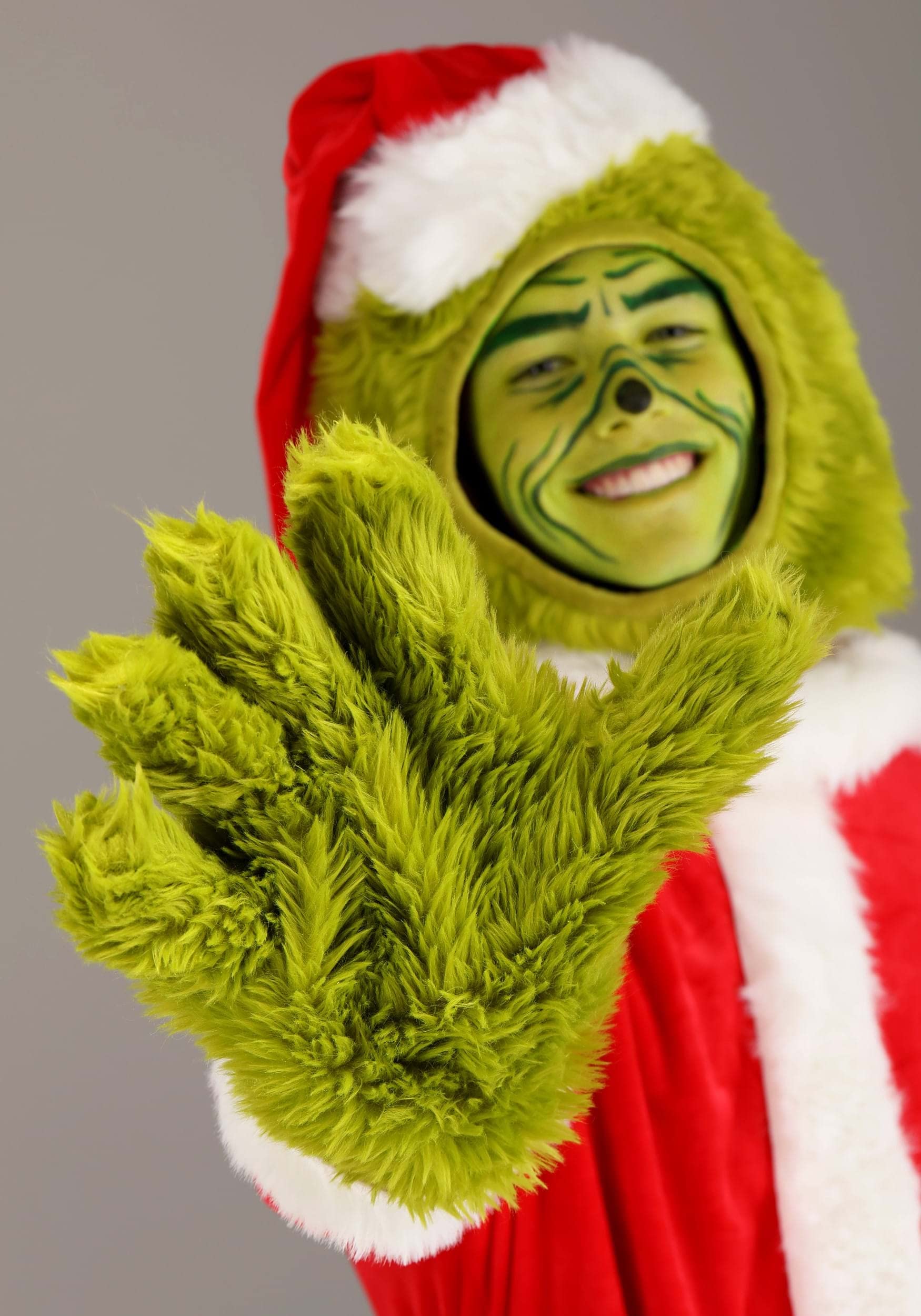 The Grinch Adult Santa Open Face Costume Set - Faux Fur Shirt, Pants, Hat & Gloves for Christmas Party & Holiday Cosplay