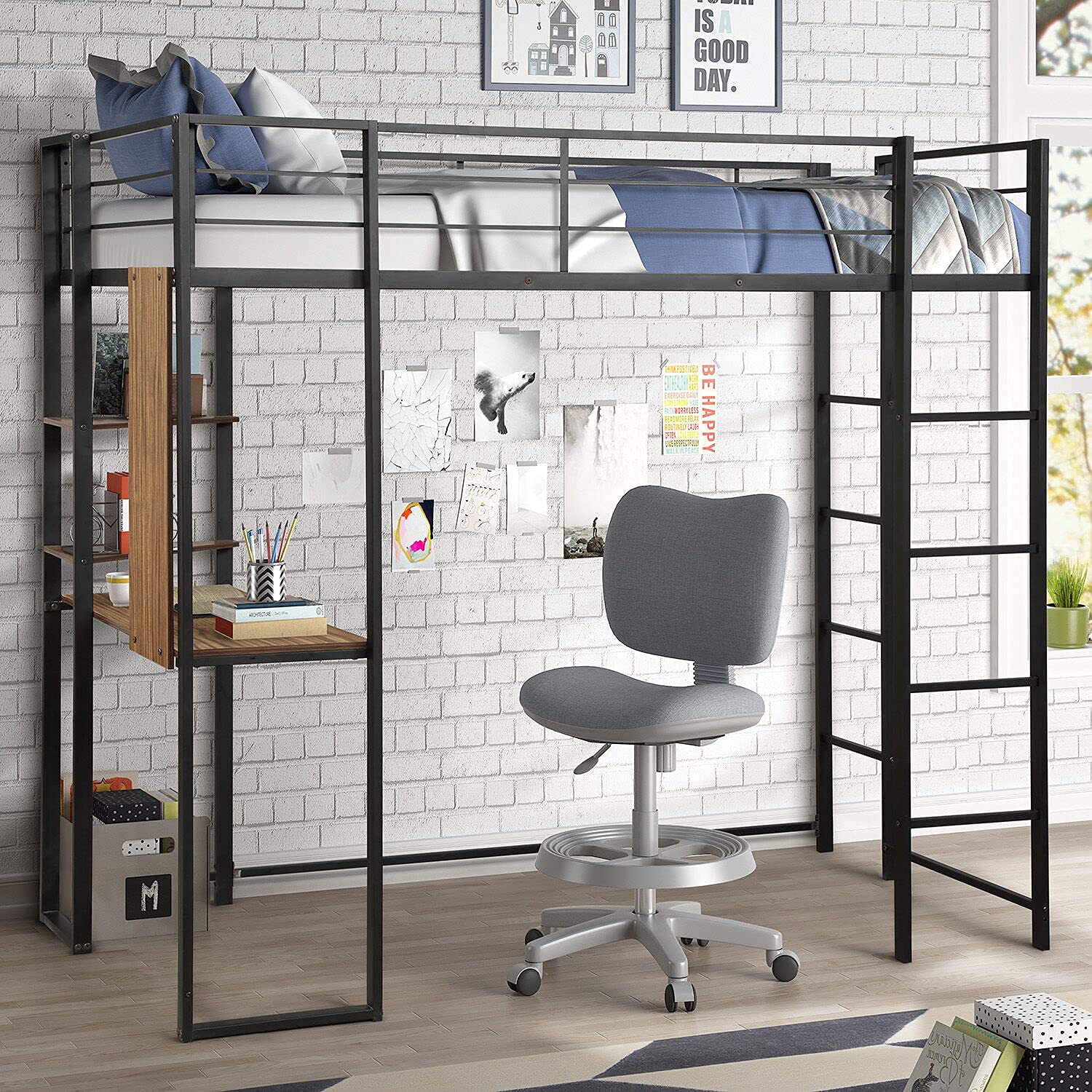 Twin Size Loft Bed with Study Desk - Sturdy Metal Bunk Bed with 2 Storage Shelves - Space Saving Bed Frame for Small Rooms (Black) - Perfect for Dorm Rooms, Kids Bedrooms & Studio Apartments