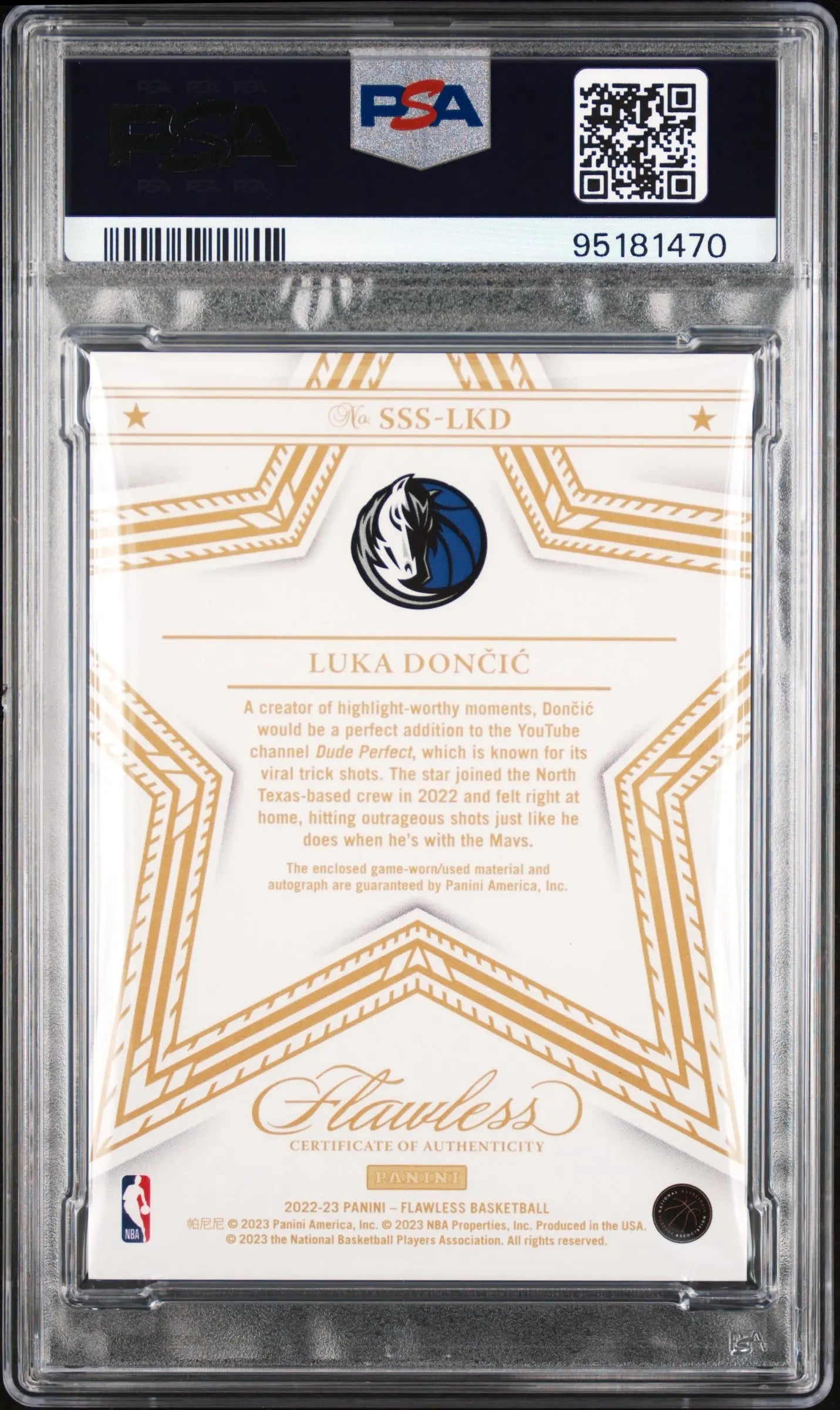 2022 Panini Flawless Star Swatch Signatures Luka Doncic PSA 9 24/25 #SSS LKD - Rare Basketball Trading Card for Collectors & Investors, Perfect for Display or Portfolio Diversification