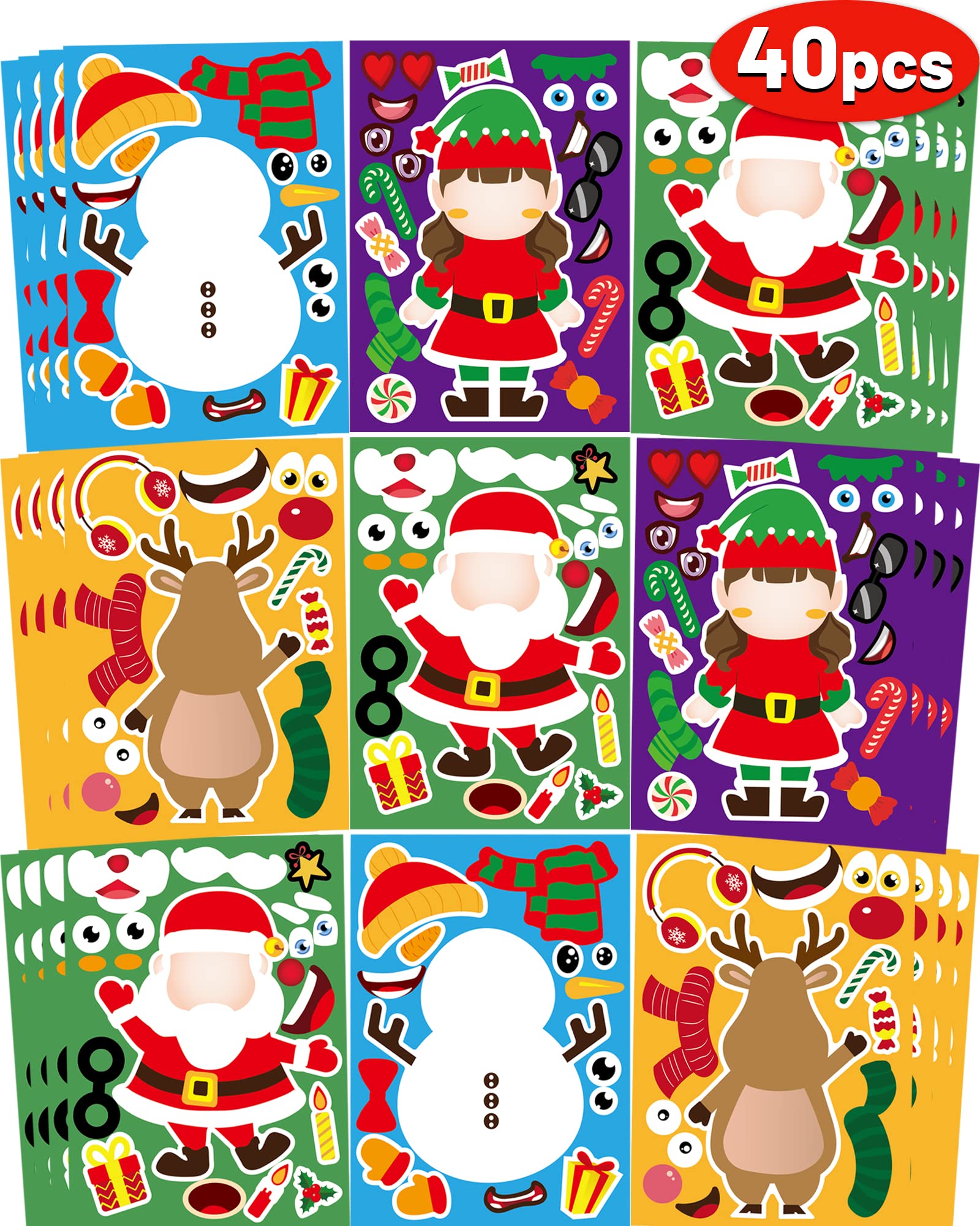 40 Sheets Christmas Stickers for Kids - DIY Santa Snowman Reindeer Elf Face Stickers, Holiday Party Favors, Craft Activities & Christmas Games for Boys & Girls | Perfect for Gift Wrapping, Scrapbooking & Holiday Decorations