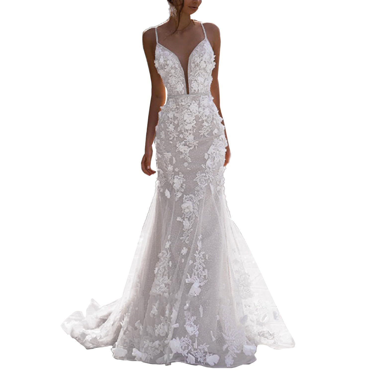 Elegant A-Line Wedding Dress for Women - Spaghetti Straps V-Neck Tulle Bridal Gown with Appliques | Perfect for Beach Weddings, Garden Ceremonies & Romantic Vows