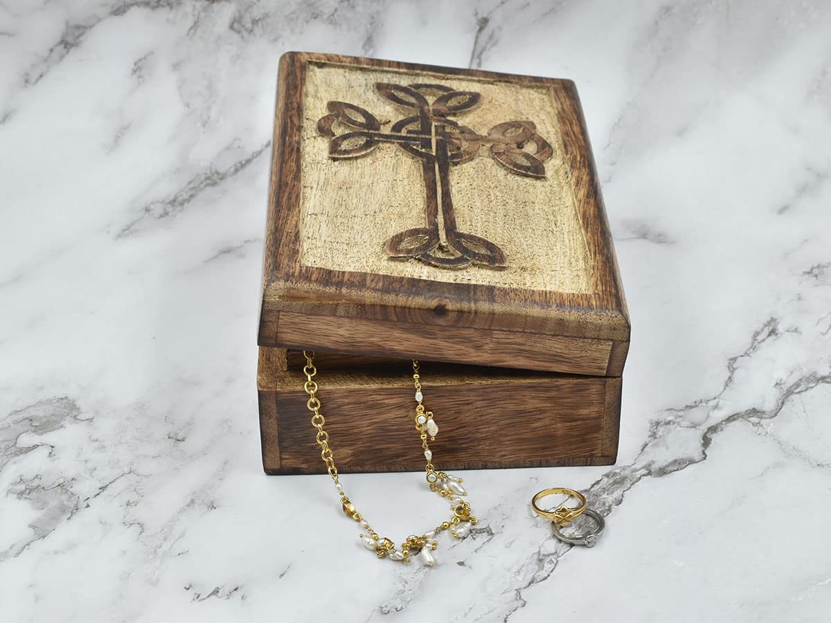 Hand Carved Wooden Decorative Box with Celtic Cross Design - Jewelry Organizer, Keepsake Box, Treasure Chest for Women | Perfect Gift for Her, Home Decor, Wedding, Anniversary & Special Occasions