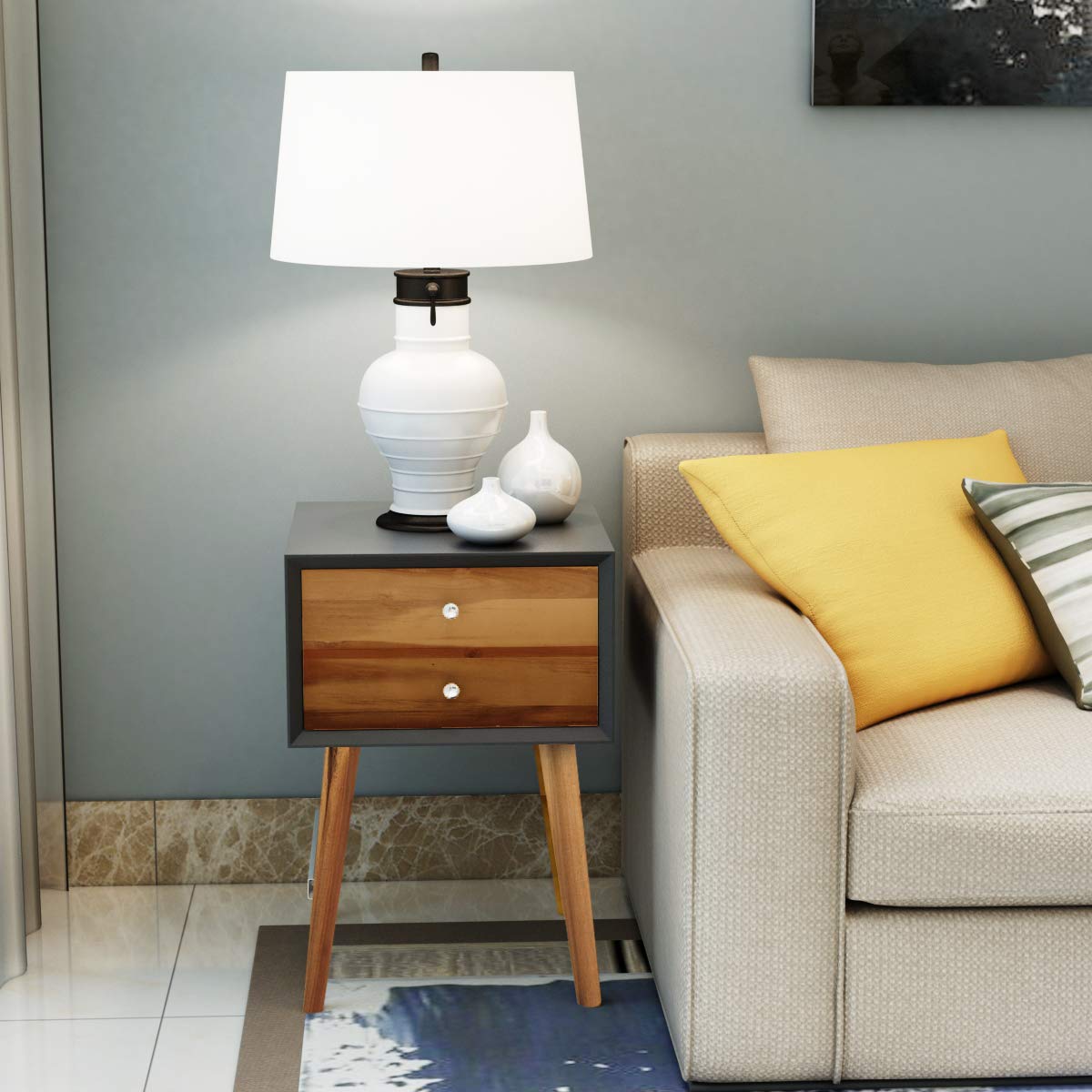 Mid Century Modern Nightstand with 2 Drawers - Solid Wood Legs Bedside Table for Bedroom, Living Room & Small Spaces - Black End Table for Cozy Home Decor & Convenient Storage