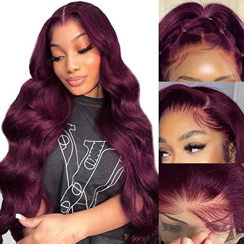 13x4 Dark Burgundy Body Wave Lace Front Wigs Human Hair 180% Density | Deep Purple HD Transparent Lace Wig for Black Women | Pre-Plucked with Baby Hair | 32 Inch Human Hair Wig with 5 Free Gifts | Perfect for Daily Wear, Parties & Special Occasions