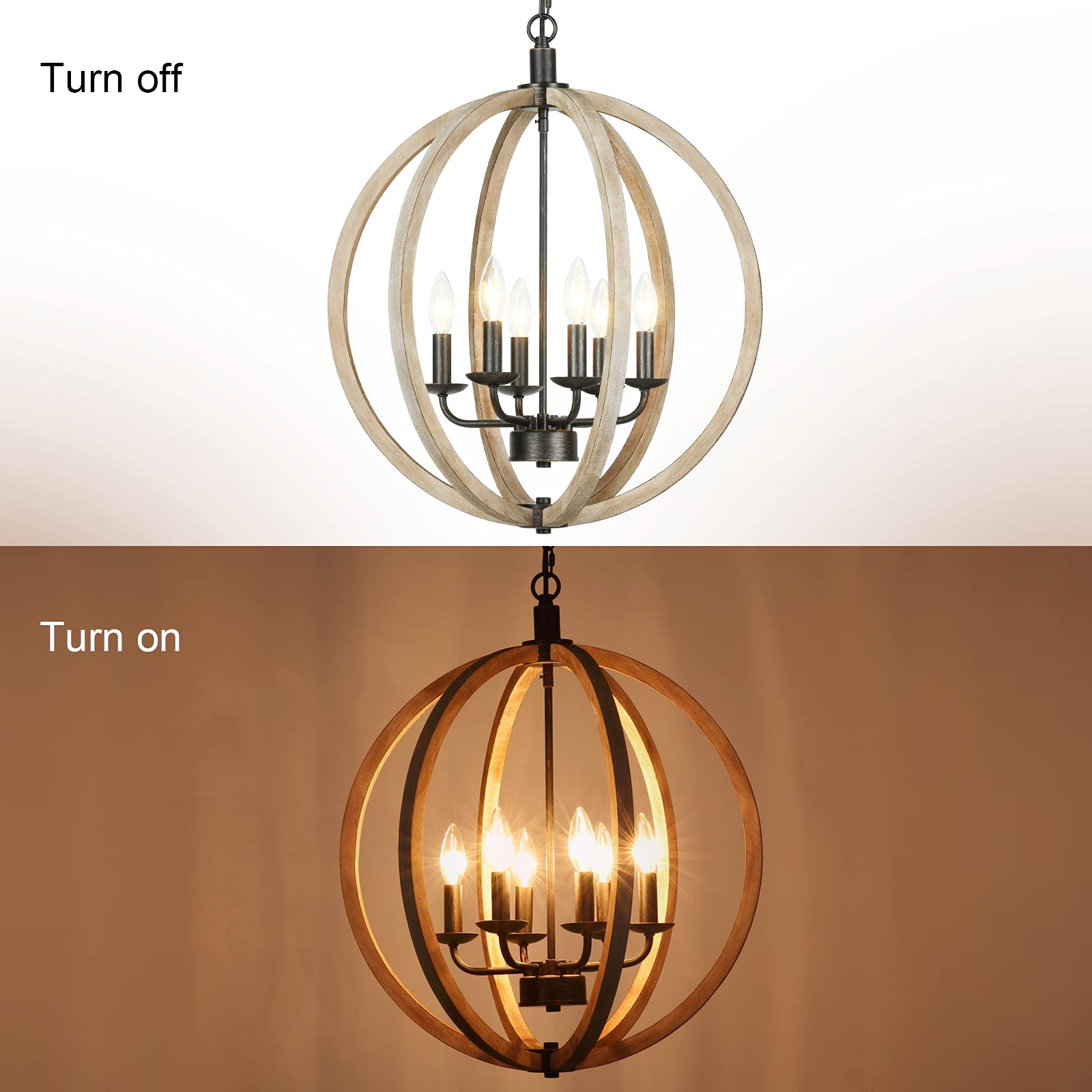 Handmade Wooden Orb 6-Light Farmhouse Chandelier with Brown Glass Globes - 20
