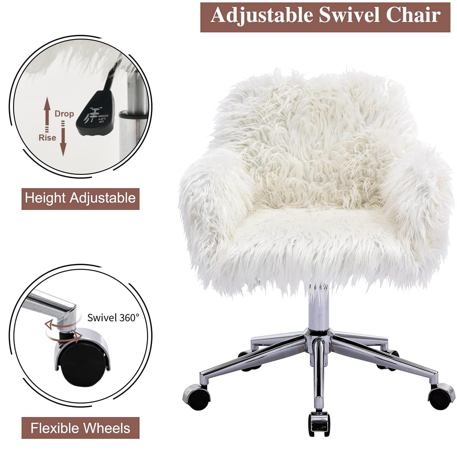 Henf Home Office Chair - Modern Swivel Desk Chair with Wheels, Tufted Faux Fur Vanity Chair for Bedroom & Office - Ergonomic Computer Chair for Women & Girls (White) - Perfect for Home Office, Gaming Setup & Makeup Station