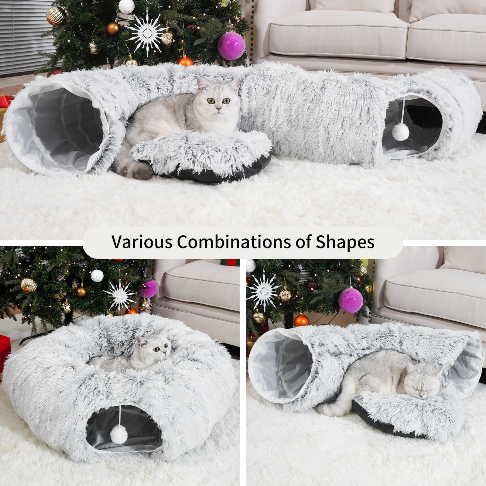 Washable Cat Tunnel Bed with Collapsible Donut Design - Indoor Cat Cave Toy for Medium & Large Cats - Peekaboo Hideaway & Play Tunnel - Perfect for Playtime, Napping & Stress Relief (Gray)