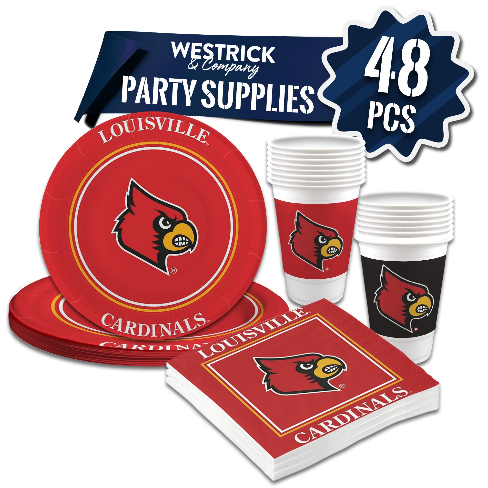 Louisville Cardinals Party Supplies 48-Piece Officially Licensed University Set - 16 oz Plastic Cups, 9 Inch Paper Plates, Luncheon Napkins for 16 Guests | Perfect for Game Day, Tailgating, Graduation & College Themed Parties