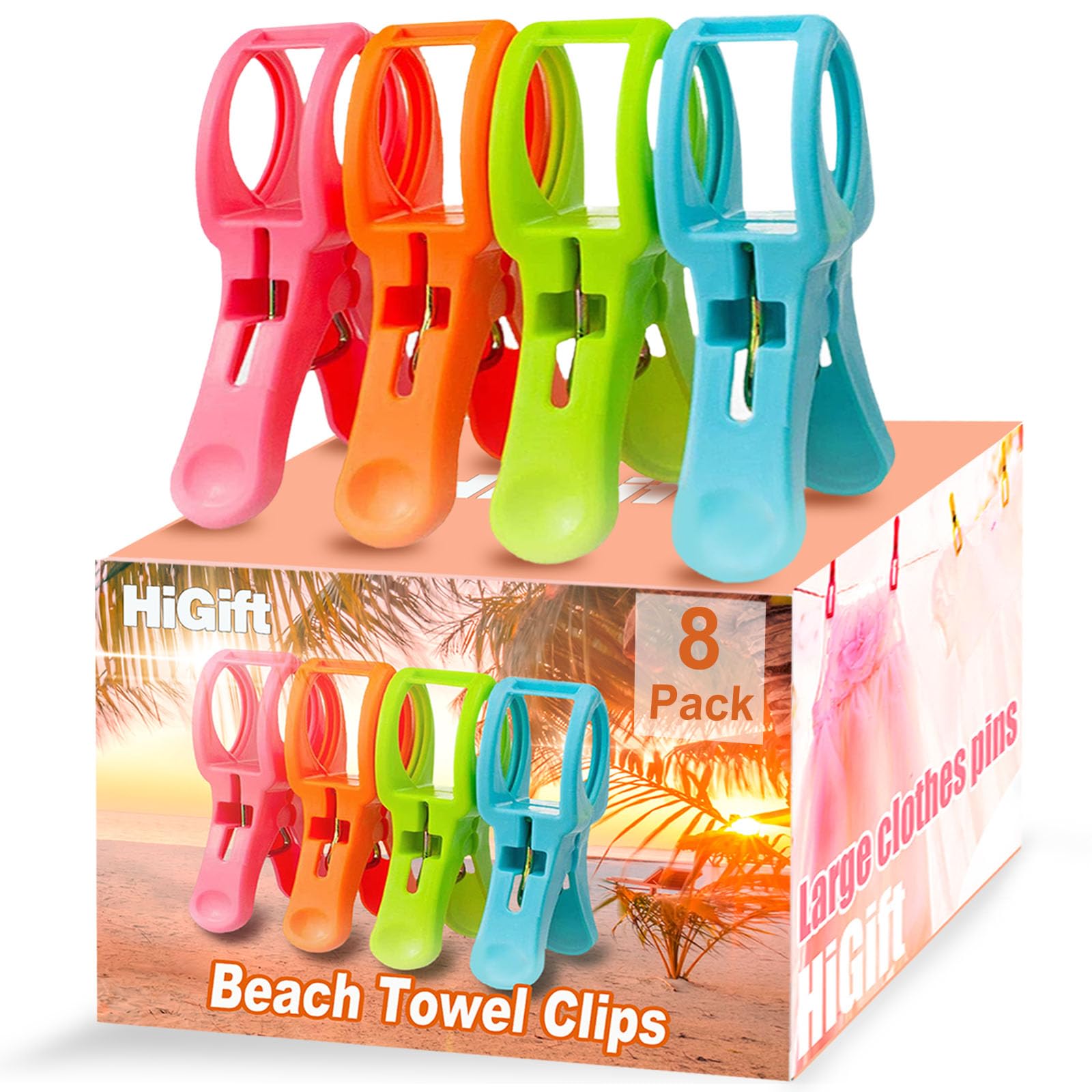 HiGift 8 Pack Heavy Duty Beach Towel Clips for Chairs - Large Plastic Pool Chair Clamps to Secure Towels from Wind - Cruise Vacation Essentials & Must Have Beach Accessories - Perfect for Poolside, Seaside, and Outdoor Relaxation