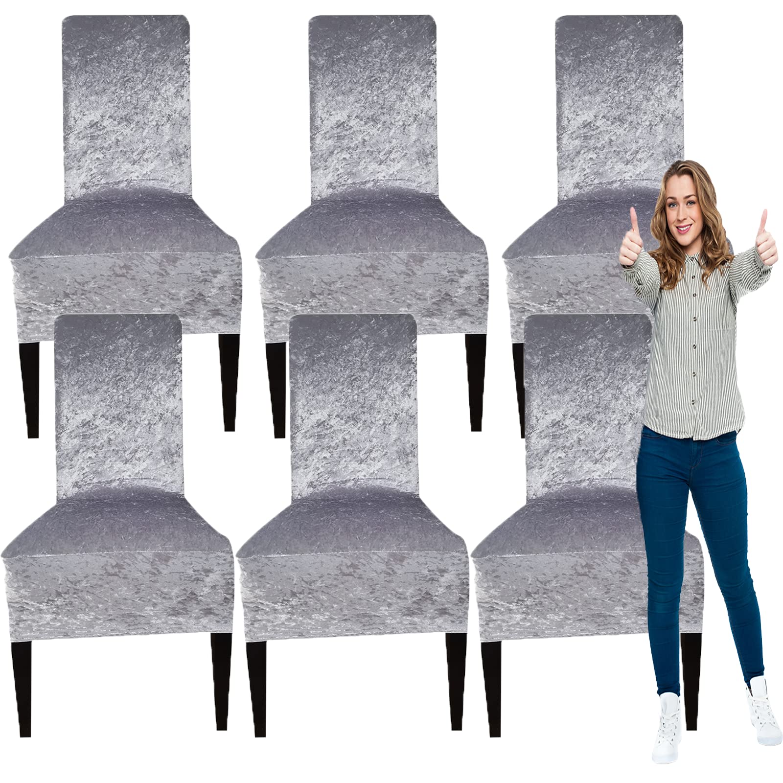 Crushed Velvet XL Dining Chair Covers - Stretch Elastic Slipcovers for Chairs - Protective Seat Covers for Dining Room, Wedding, Banquet & Party Decor (Silver, Set of 6) | Perfect for Home, Restaurant & Event Decorations