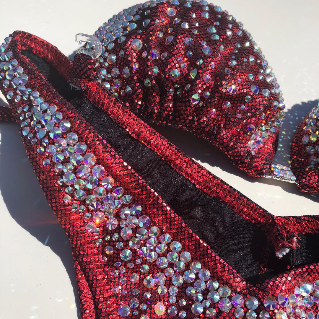 Red Crystal Bikini Set with Clustered Stones - Front & Back Physique Swimsuit for Beach, Pool & Photo Shoots | Sexy Figure Posing Suit