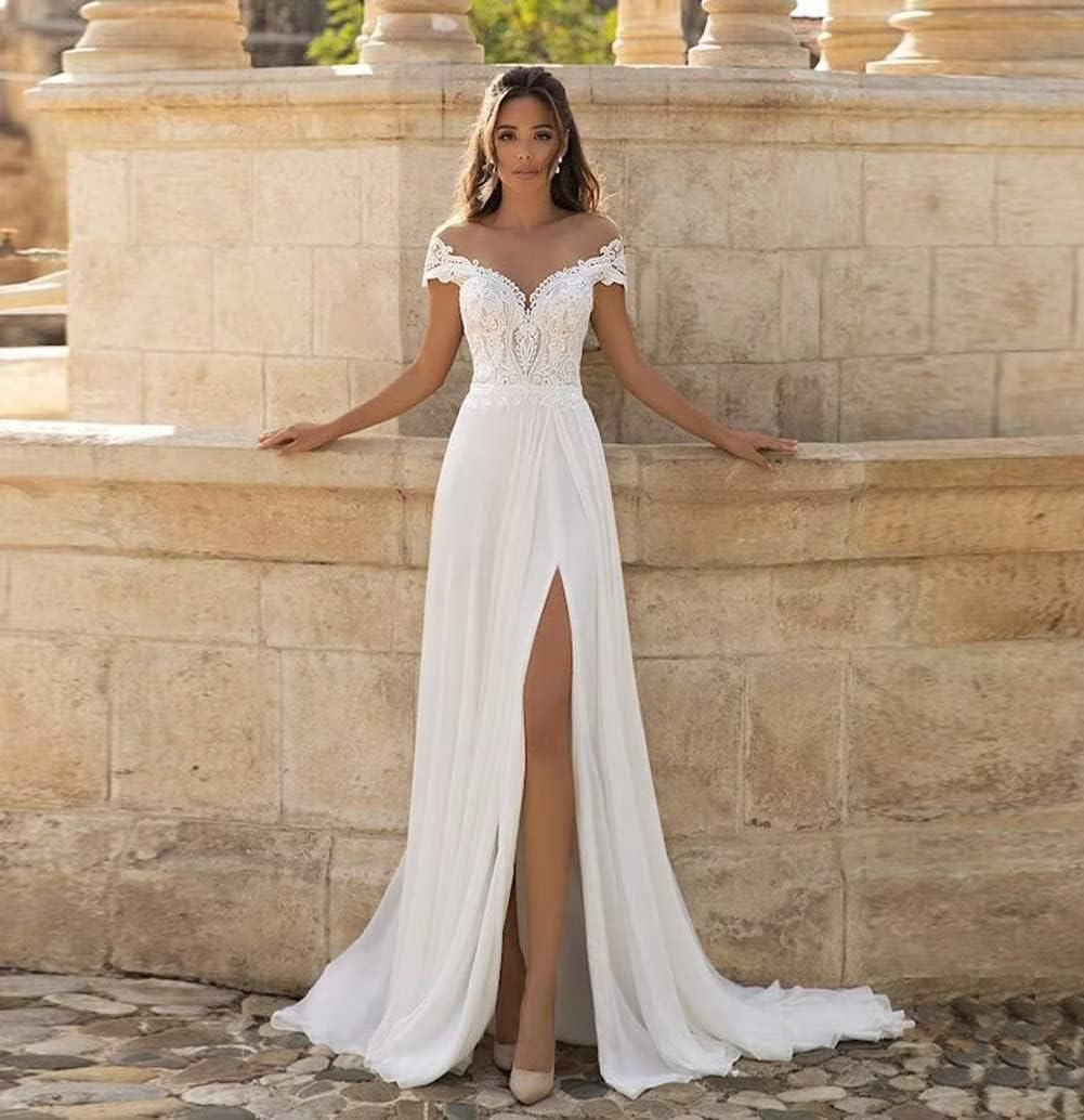 **POMUYOO Women's Beach Wedding Dress 2024 – Elegant Lace Appliques Bridal Gown for Bride, Boho Style – Perfect for Beach, Destination, and Outdoor Weddings**