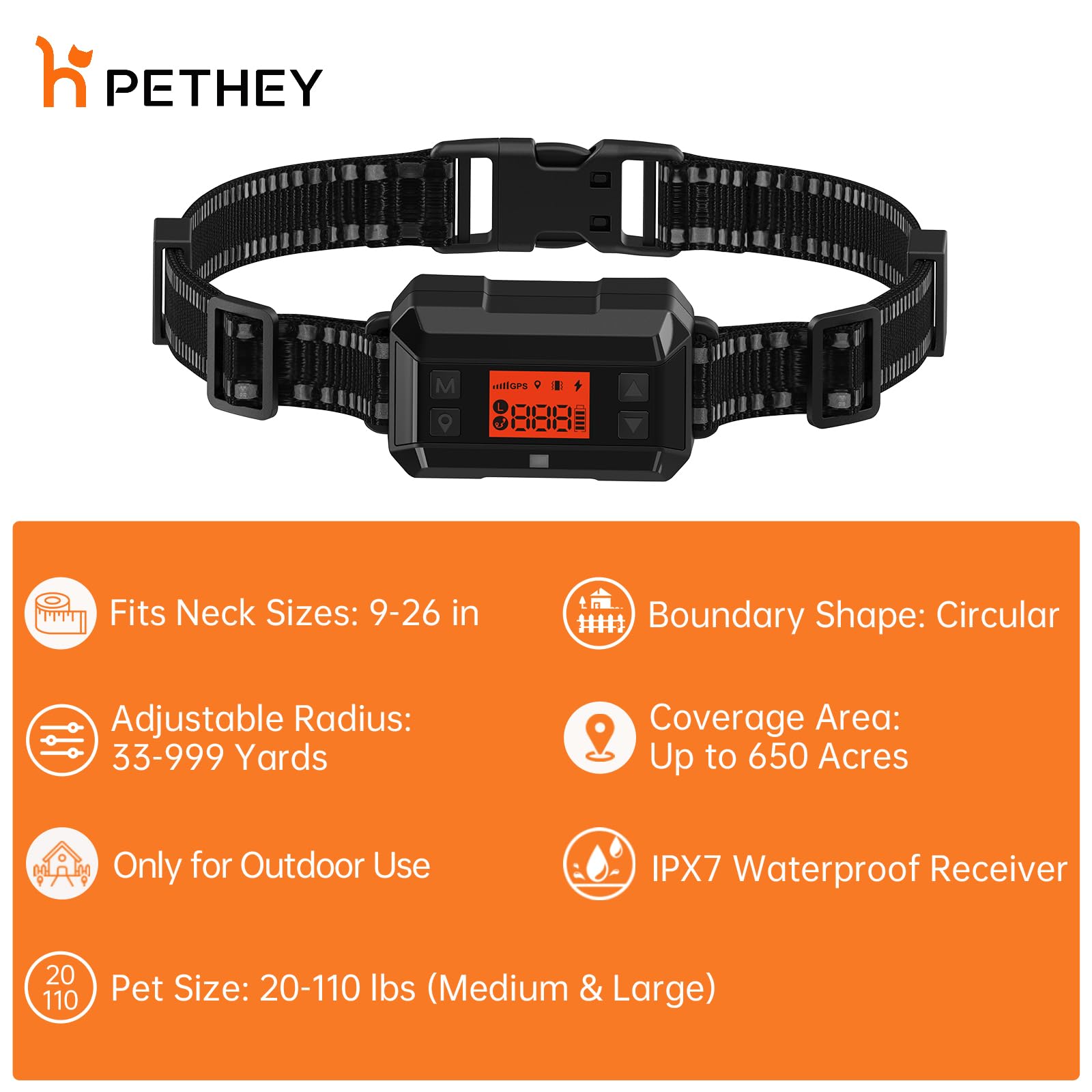 PETHEY GPS Dog Fence System - Wireless Electric Dog Fence with 999 Yard Range, IPX7 Waterproof Collar for 10-110lb Pets | Perfect for Backyard, Farm & Outdoor Dog Training