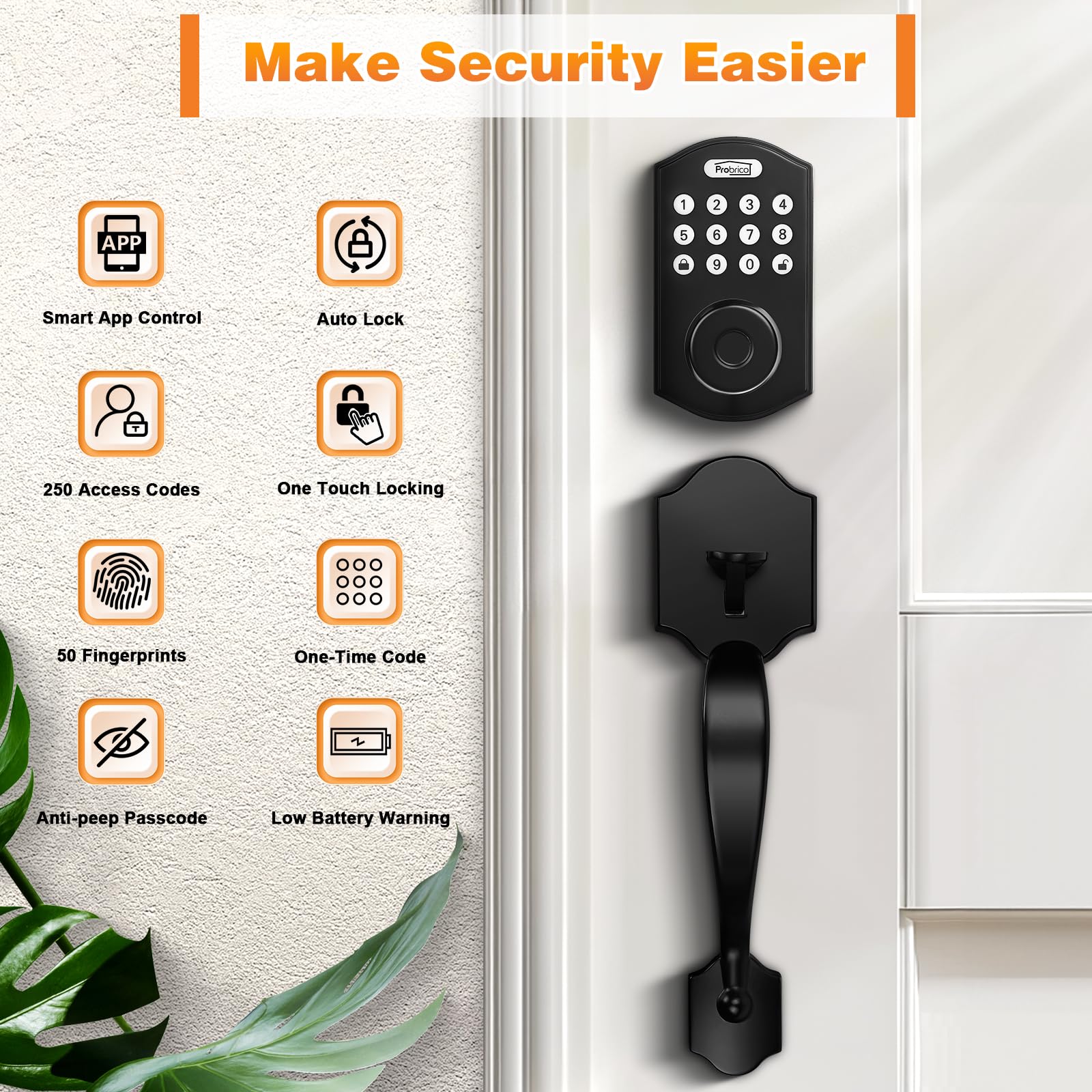 Probrico Smart Keyless Entry Door Lock - Keypad & Fingerprint Deadbolt with Handle for Front Door | Secure & Convenient Smart Locks for Home, Office & Vacation Rental Properties
