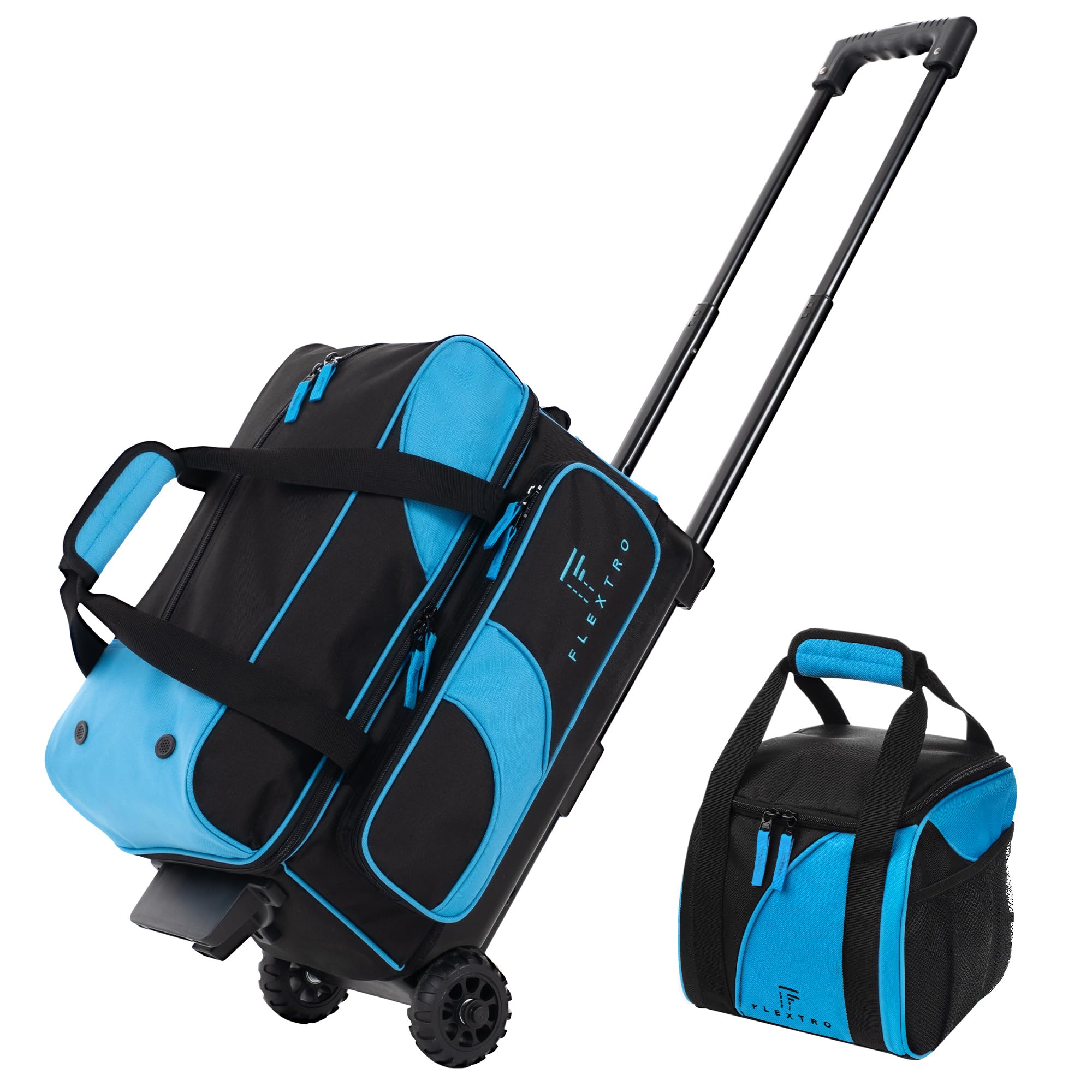 Flextro 2 Ball Bowling Bag with Wheels & Single Ball Bowling Bag Combo - Double Roller Trolley with Storage Compartments for Bowling Balls, Shoes & Accessories | Perfect for League Play & Tournament Travel