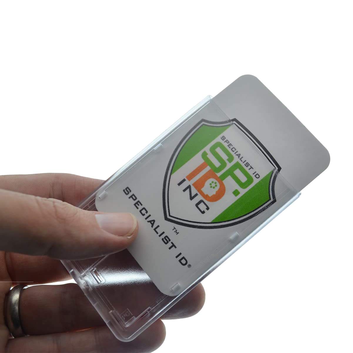 50 Pack Frosted Vertical Rigid Badge Holders - Clear Hard Plastic ID Card Dispensers with Red Extractor Slide & Thumb Tab - Perfect for Office, School, Events & Security Personnel (Bulk Discount)