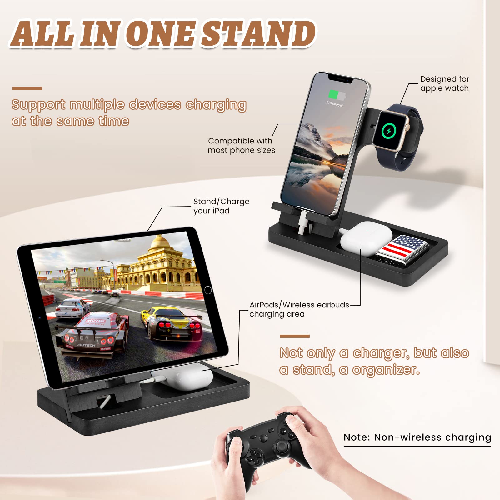 3-in-1 Wooden Charging Station for iPhone, iPad & Apple Watch - Fast Wireless Charger Stand with AirPods Dock - Phone Organizer & Docking Station - Perfect Gift for Men, Dad, Husband (Black) - Ideal for Bedside, Office Desk & Travel