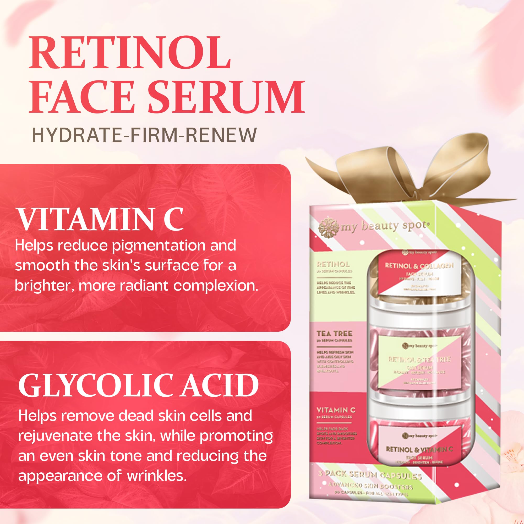 My Beauty Spot Facial Serum Capsules 3 Pack (90pcs) - Retinol Serum, Collagen Serum & Vitamin C Serum for Face - Anti-Aging, Anti-Wrinkle & Skin Brightening Treatment - Perfect for Night Routine, Travel Skincare & Daily Hydration Boost