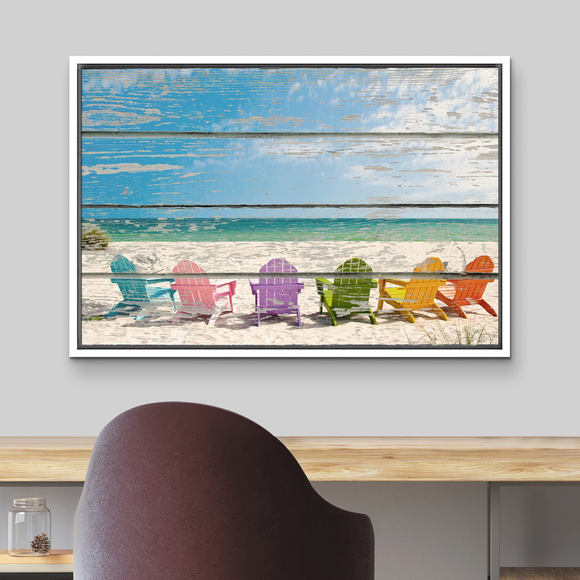 Wall26 Framed Canvas Print - Rainbow Beach Chairs Ocean Scenery Wall Art for Living Room, Bedroom, Office Decor | 24x36 Inch Coastal Photography | Nautical Wood Panel Artwork | Perfect for Beach House, Vacation Rental & Coastal Themed Spaces