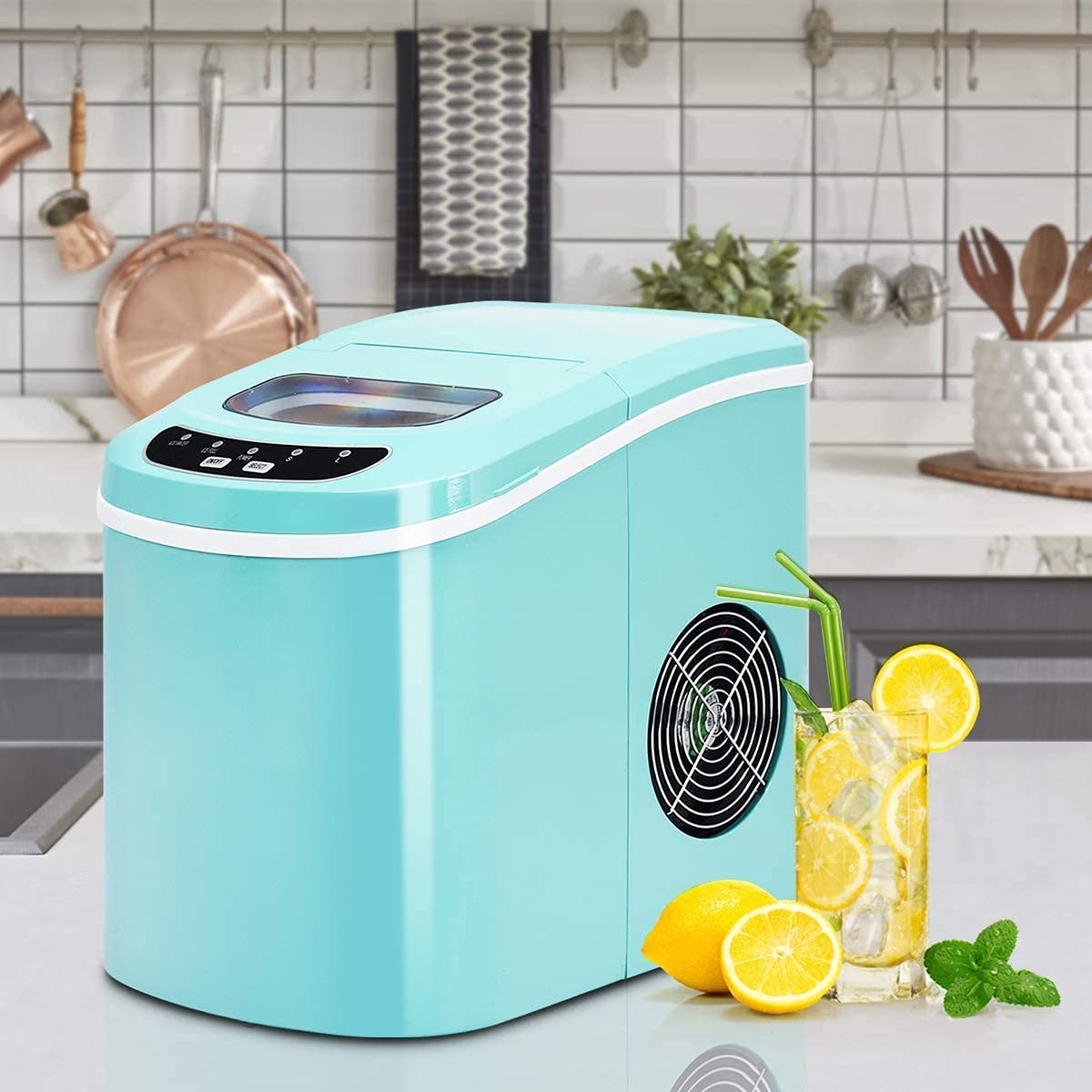 Portable Countertop Ice Maker Machine - 9 Cubes in 6 Mins, 2.2L Capacity with Ice Scoop & Removable Basket | Perfect for Cocktails, Sodas, Water Bottles | Ideal for Home, Office, RV, Parties (Green) - Fast Freezing Compact Ice Cube Maker for Daily Use