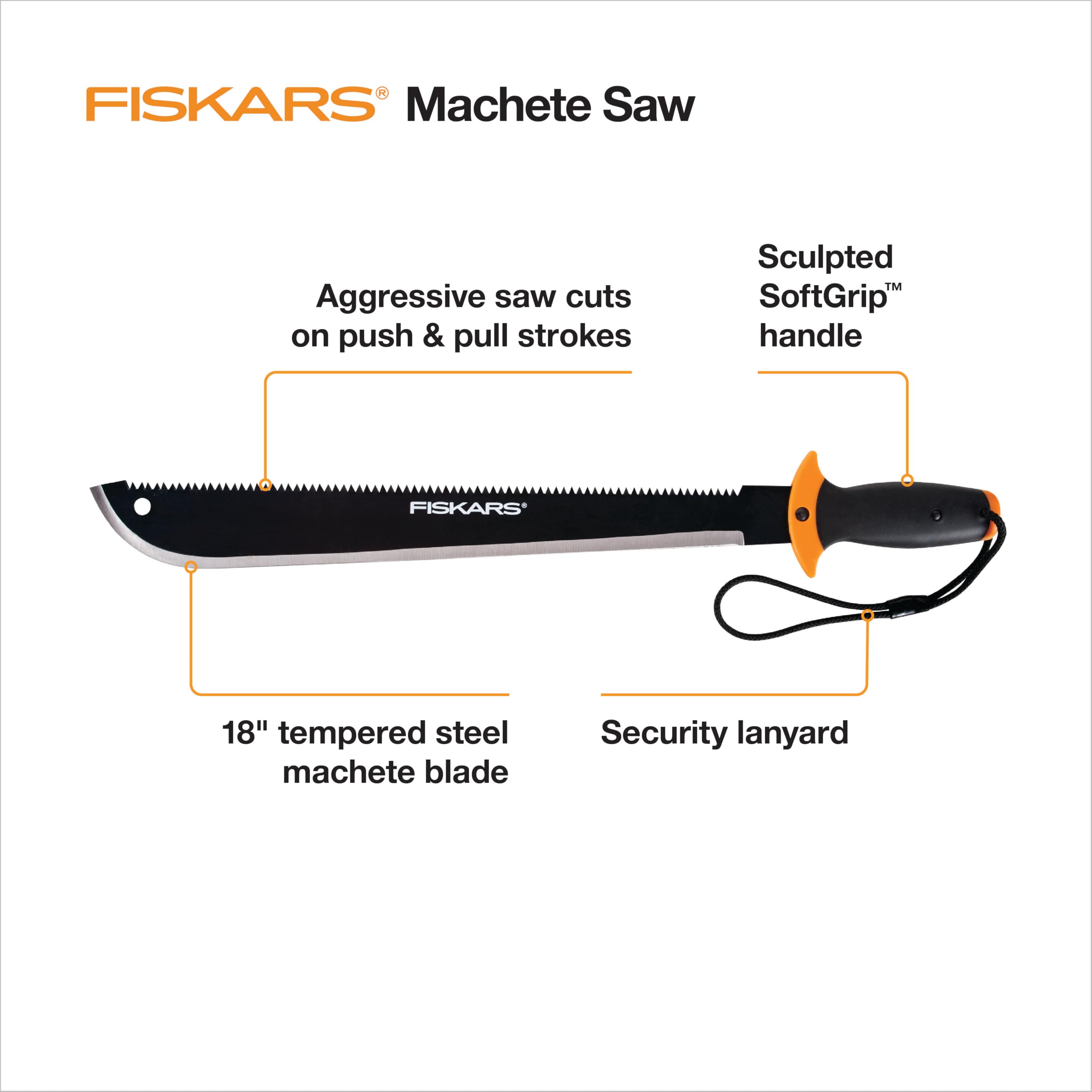Fiskars 18-Inch Machete Saw with Tempered Steel Blade - One-Handed Grip Handle & Secure Wrist Lanyard - Perfect for Camping, Hiking, and Outdoor Survival Gear