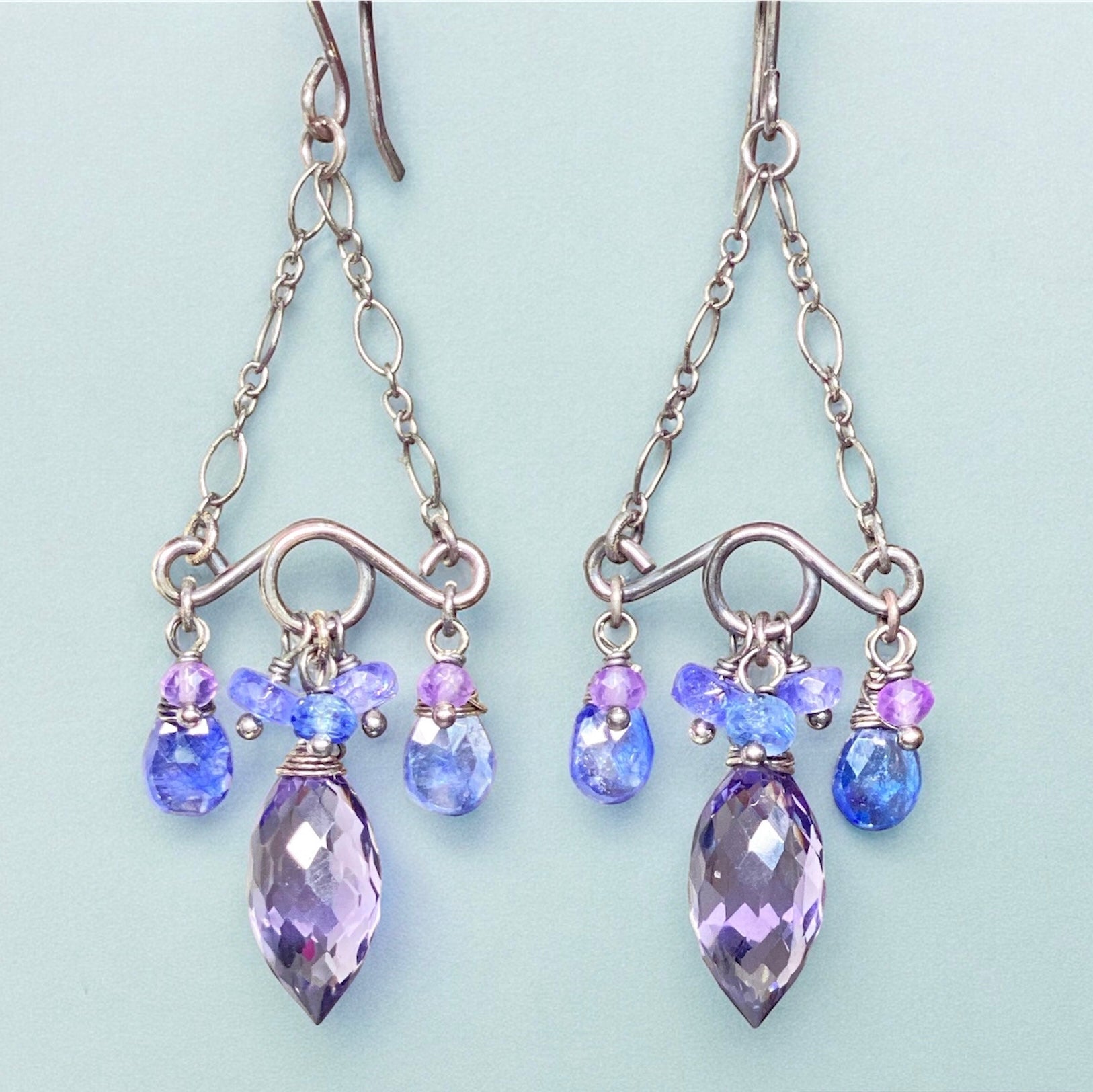 Handmade Blue Purple Tanzanite Gemstone Chandelier Earrings in Oxidized Silver - Elegant Statement Jewelry for Weddings & Evening Parties