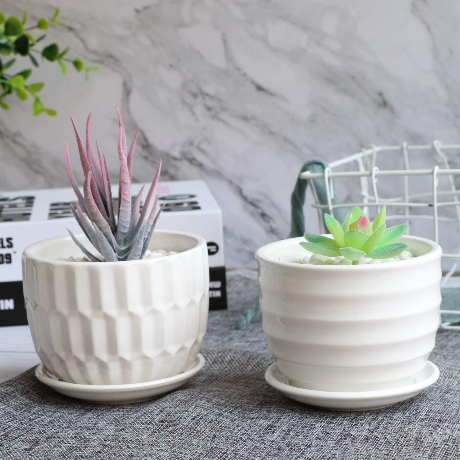 Brajttt 4 Inch White Ceramic Flower Pots with Saucers - 6 Pack Mini Cylinder Planters for Succulents, Snake Plants & Small Herbs - Perfect for Home Decor, Office Desk & Indoor Gardening