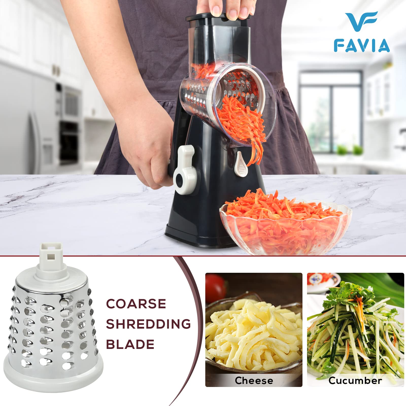 Premium Rotary Cheese Grater & Vegetable Slicer - 3 Interchangeable Blades for Shredding, Grating & Slicing - Easy Clean Kitchen Mandoline for Cheese, Fruits, Veggies & Nuts (Black & Grey) - Perfect for Meal Prep, Salads & Cooking at Home
