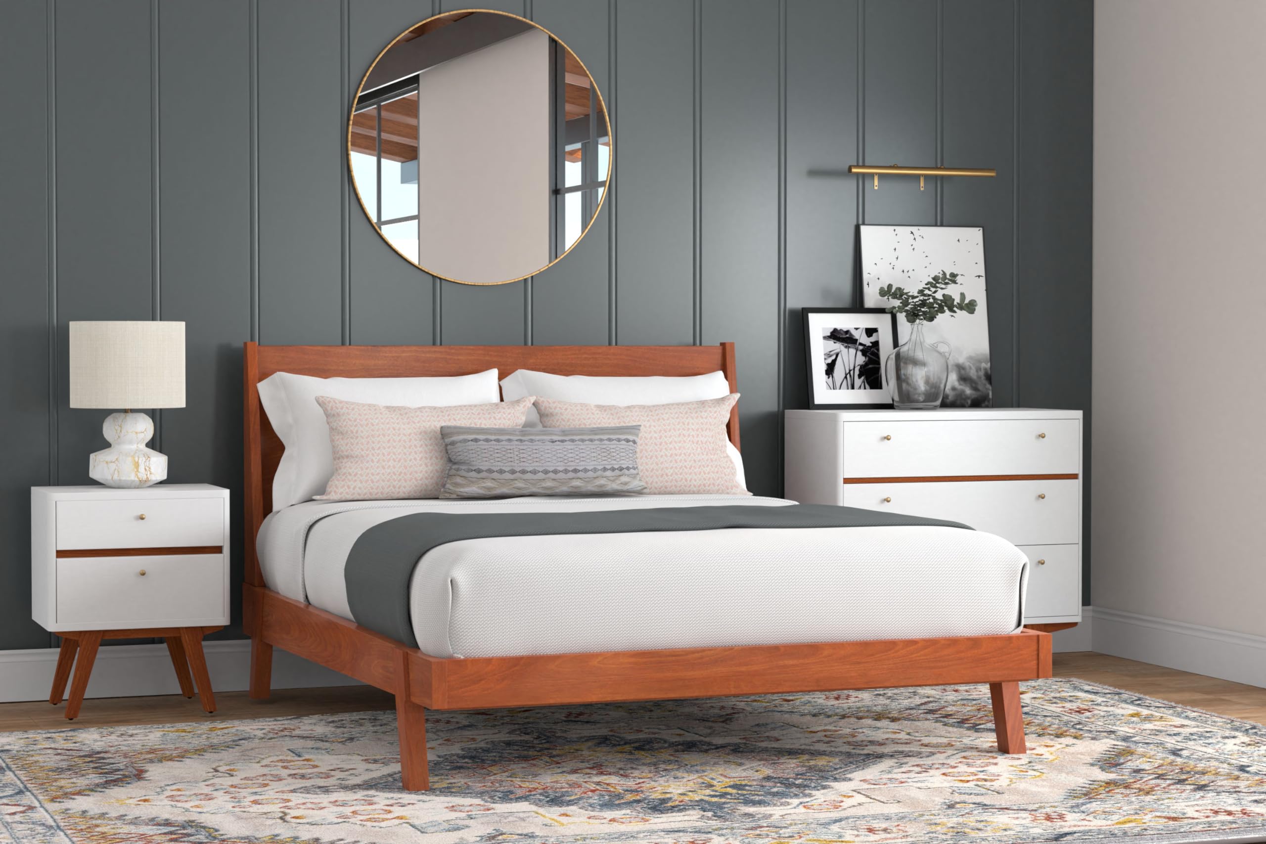 Premium Alpine Furniture Dakota Queen Size Bed Frame - Solid Mahogany Wood Platform Bed with Sturdy Slat Support | Perfect for Modern Bedrooms, Guest Rooms & Master Suites