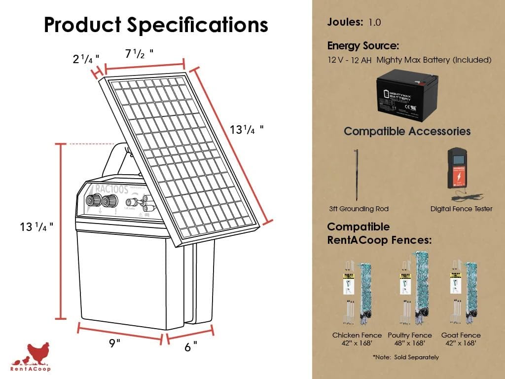 RentACoop Solar Electric Fence Energizer (RAC100S - 1.0 Joule) - Solar Powered Electric Fence Charger with Battery for Poultry, Chickens, Gardens, Goats & Livestock Protection - Ideal for Farm, Backyard & Pasture Security