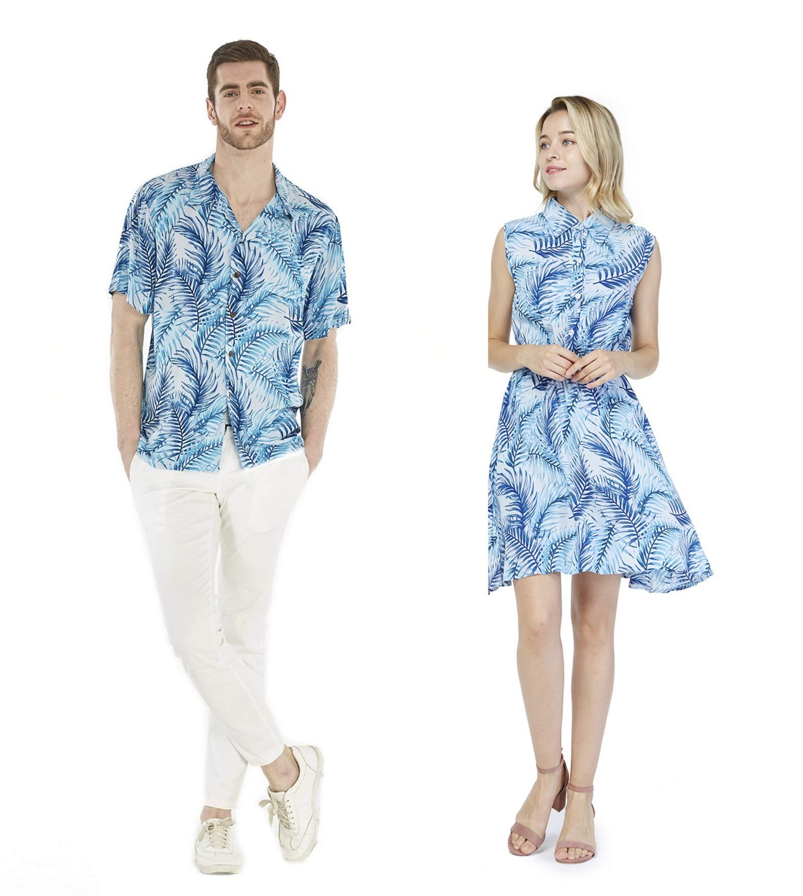 Matching Couple Hawaiian Luau Cruise Outfits - Tropical Leaf Print Shirt & Dress Set in Simply Blue | Perfect for Beach Vacations, Cruise Wear, and Summer Date Nights