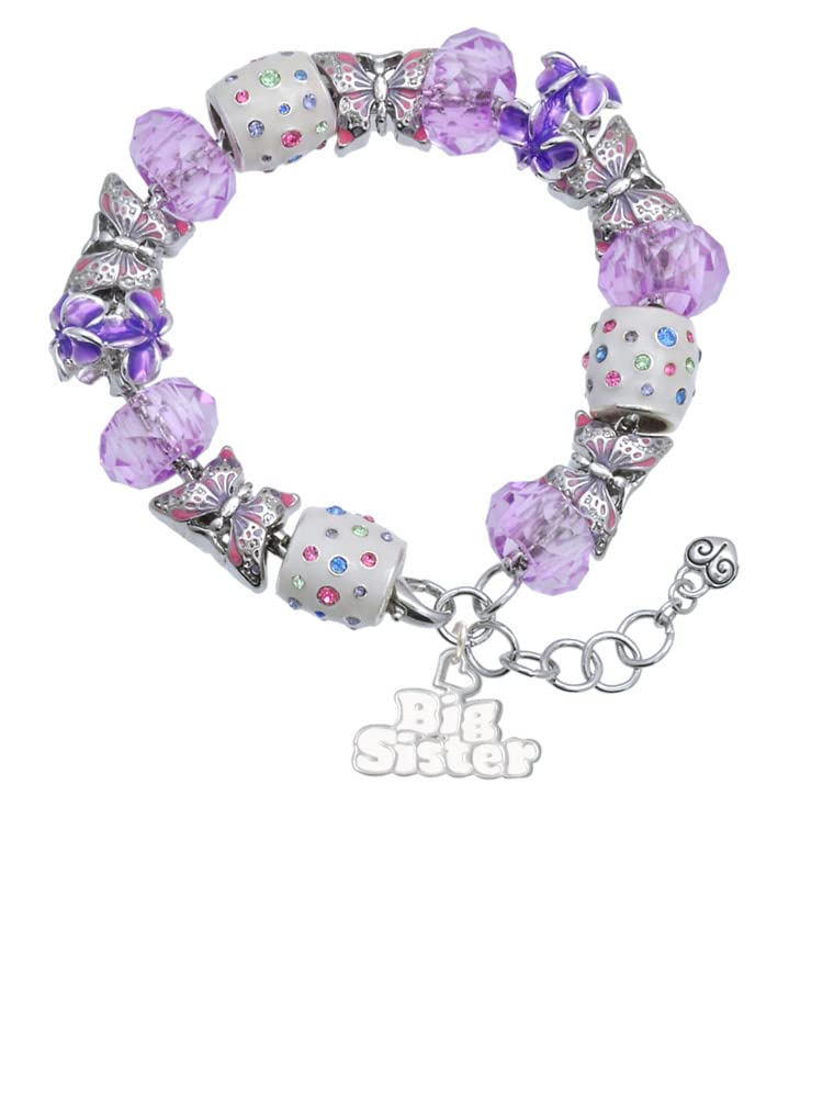 Delight Jewelry Silver Tone 'Big Sister' Heart & Purple Butterfly Bead Charm Bracelet - 7