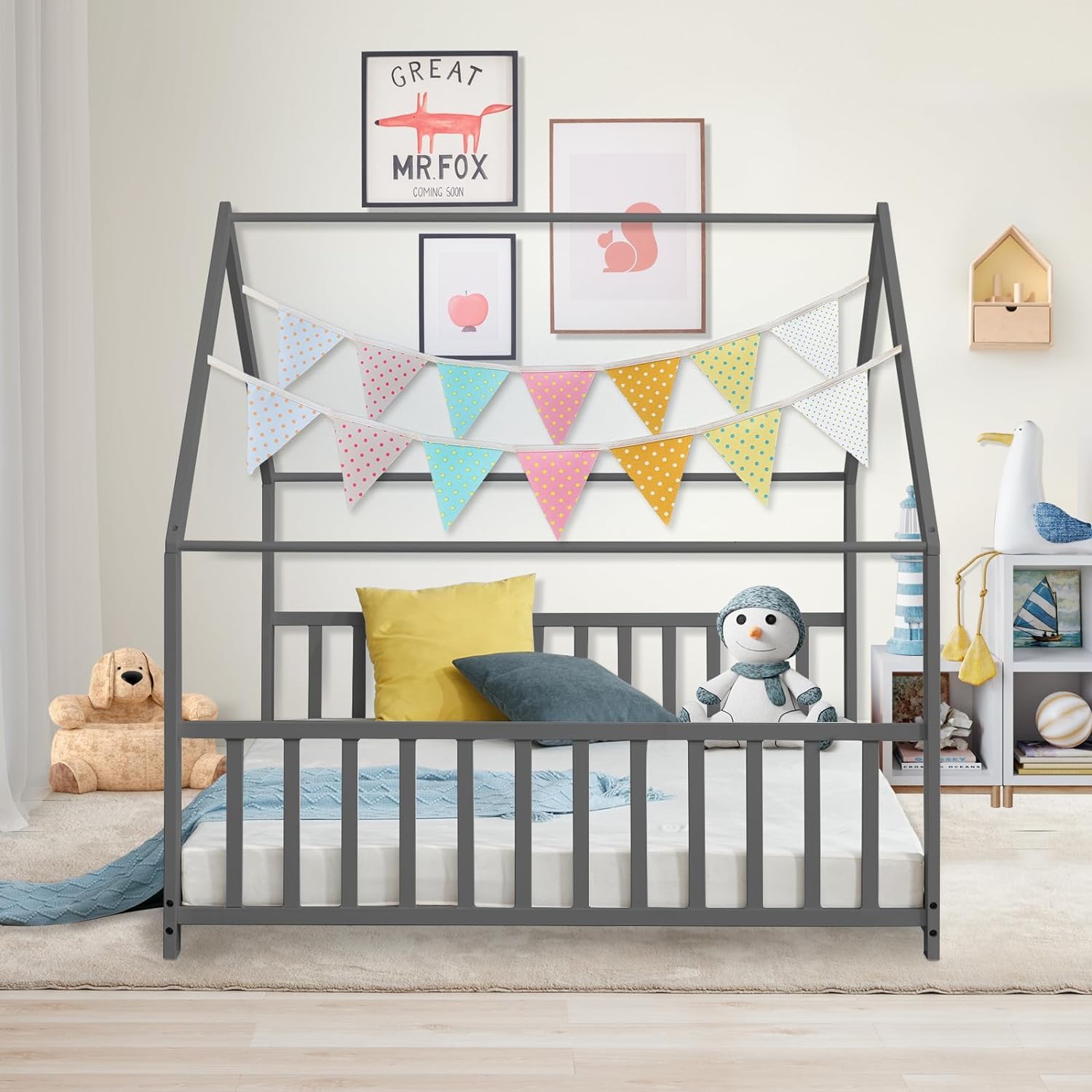 Montessori Floor Bed Full Twin Size - Solid Wood House Bed with Headboard & Footboard, No Box Spring Needed, Playhouse Toddler Bed Frame for Boys & Girls (Grey) - Perfect for Montessori Rooms, Kids Bedrooms & Play Areas