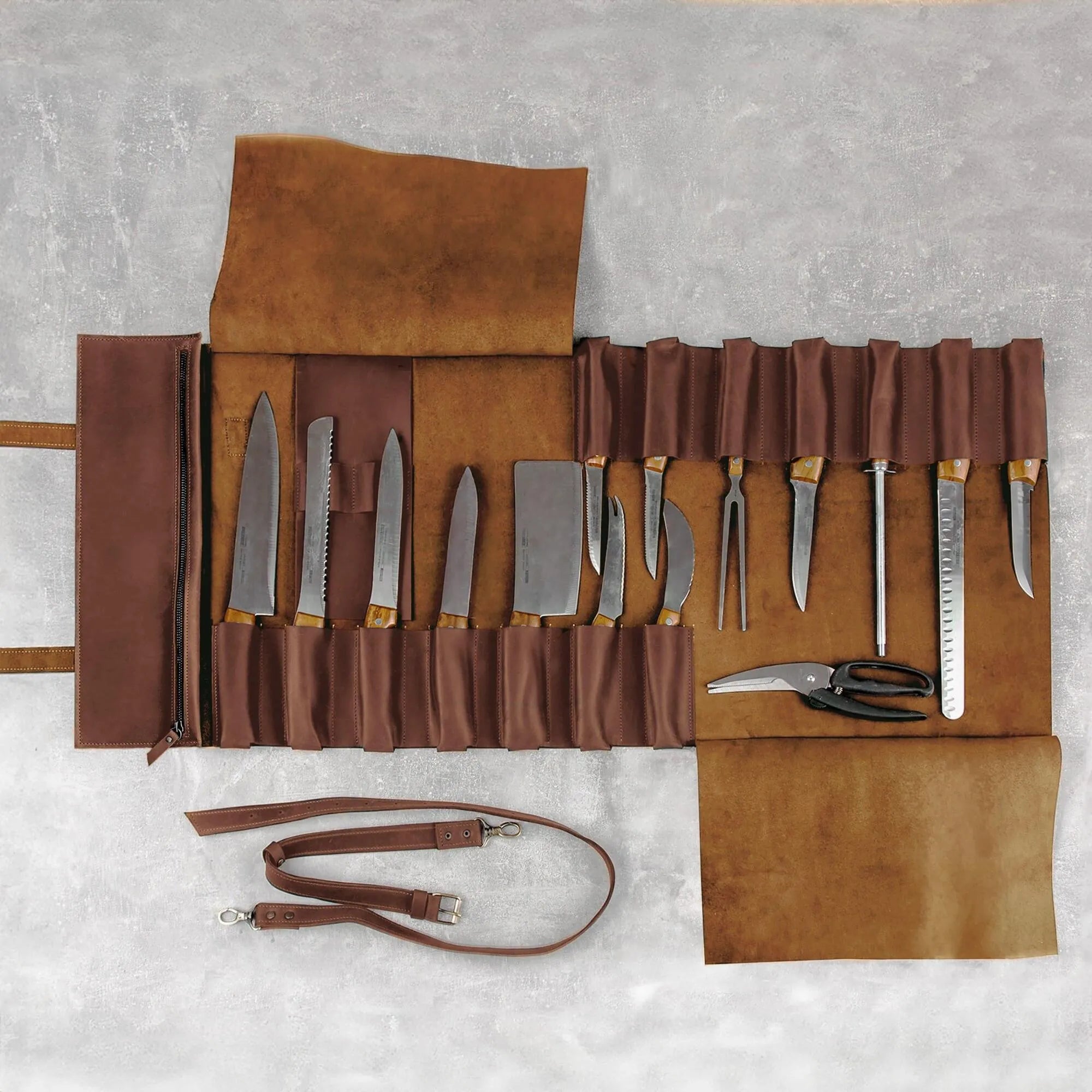 Premium Leather Knife Roll for Chefs & Butchers - Durable Professional Knife Storage Case with 12 Slots - Perfect for Kitchen, Camping & Culinary Gifts