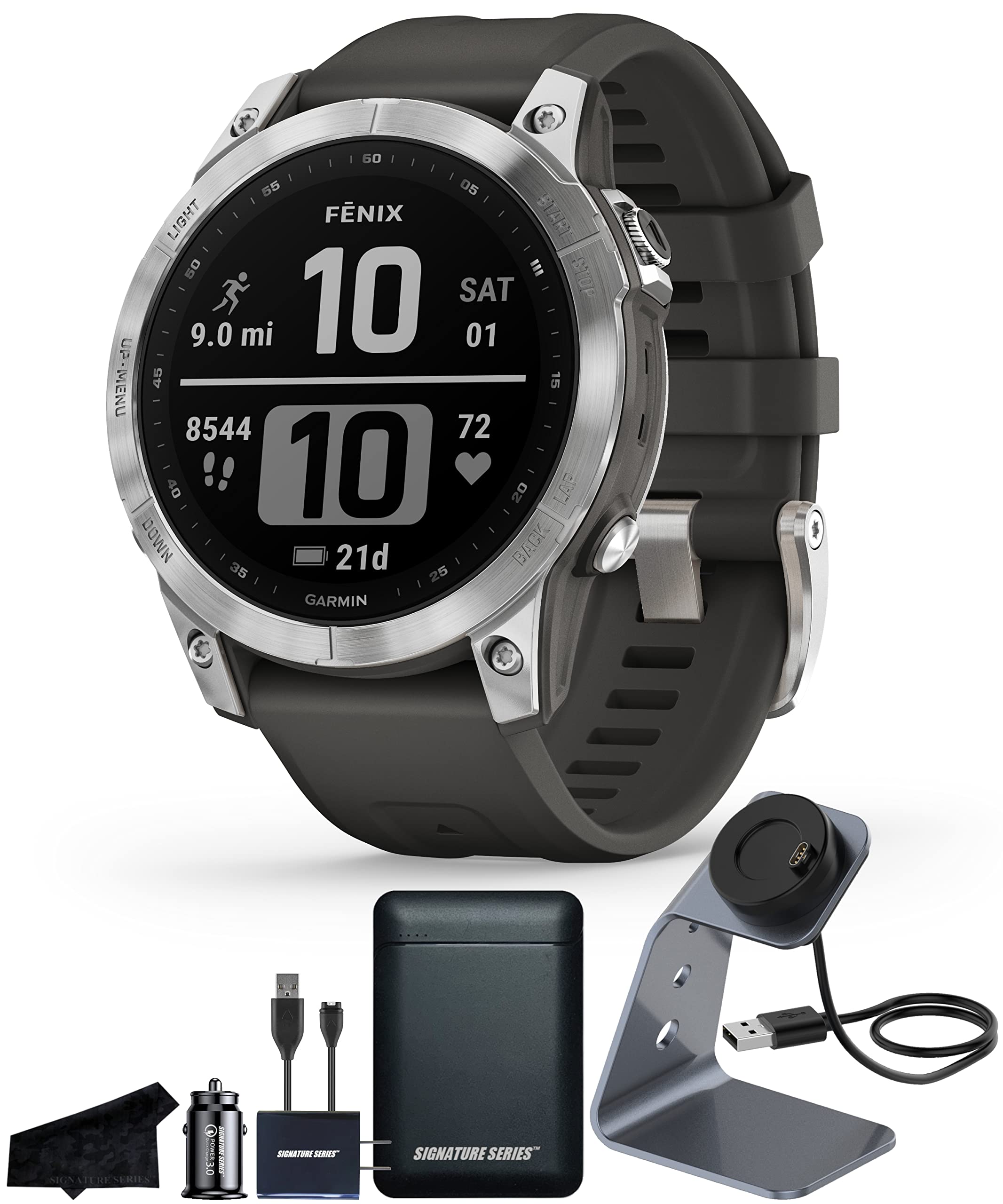 Garmin Fenix 7 Standard Edition GPS Smartwatch - Rugged Outdoor Watch with Heart Rate Monitor, GPS Tracking & Multi-Sport Features | Perfect for Hiking, Running, Cycling & Adventure Sports | Includes Signature Series Charging Bundle