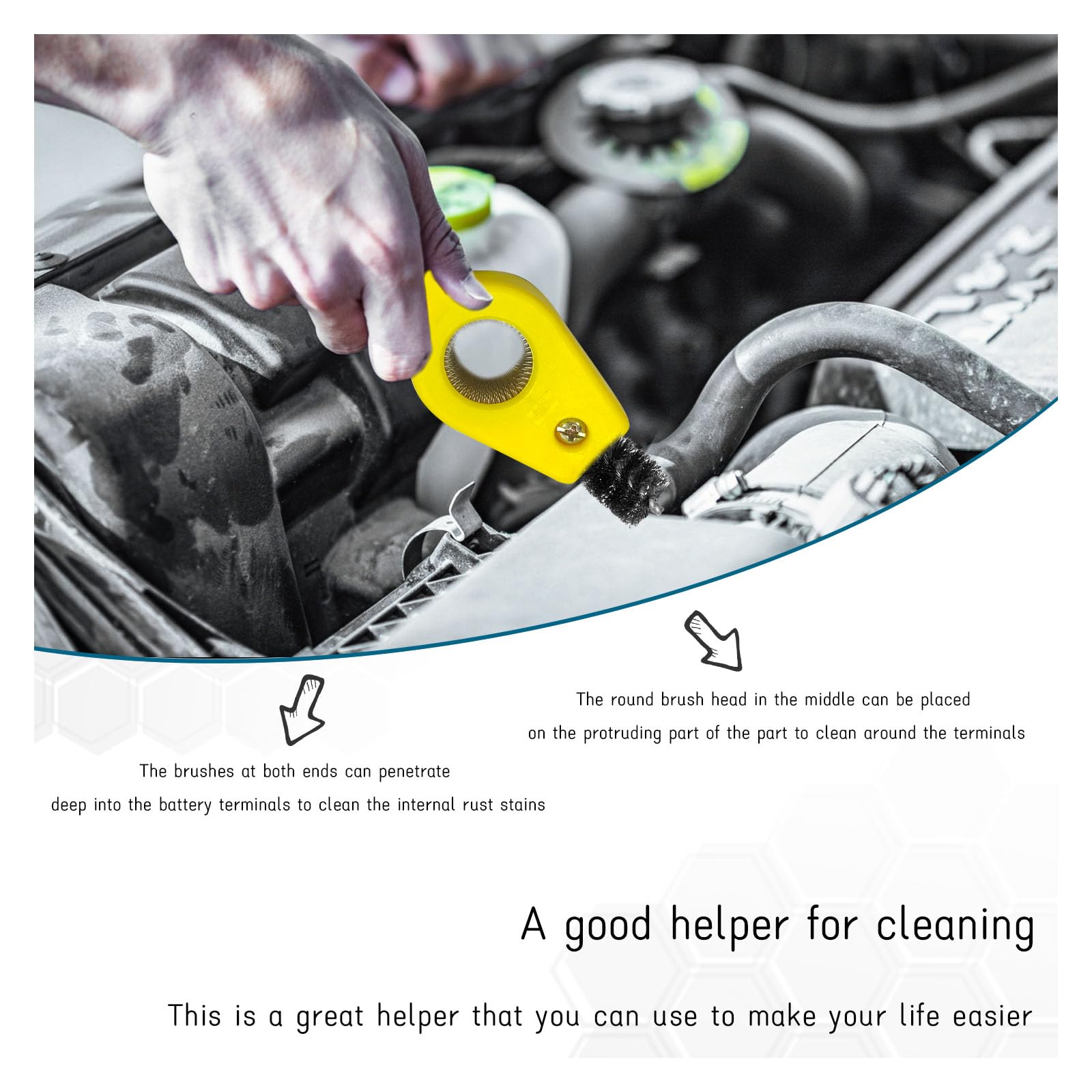 4-in-1 Car Battery Terminal Cleaning Brush with Steel Wire - Universal Anti-Rust Auto Battery Cleaner Tool for Vehicle Maintenance (Yellow) - Perfect for DIY Car Repair & Battery Terminal Maintenance