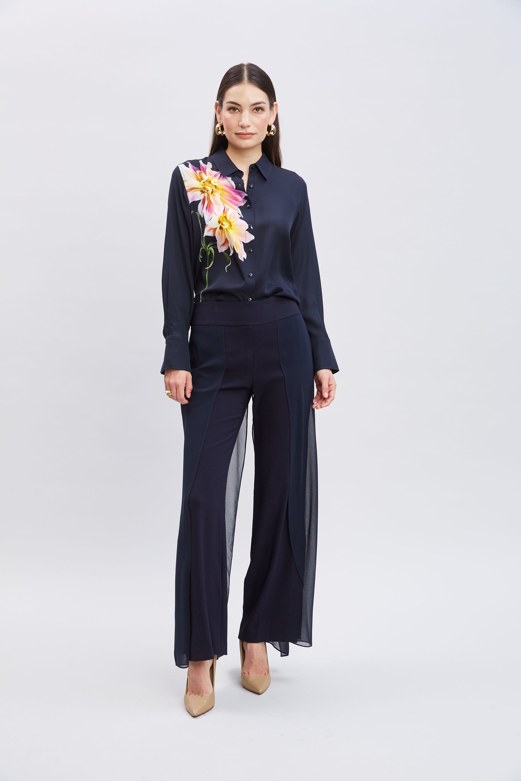 Silk Dahlia Button Down Shirt for Women - Elegant Floral Print Blouse for Office, Party & Special Occasions