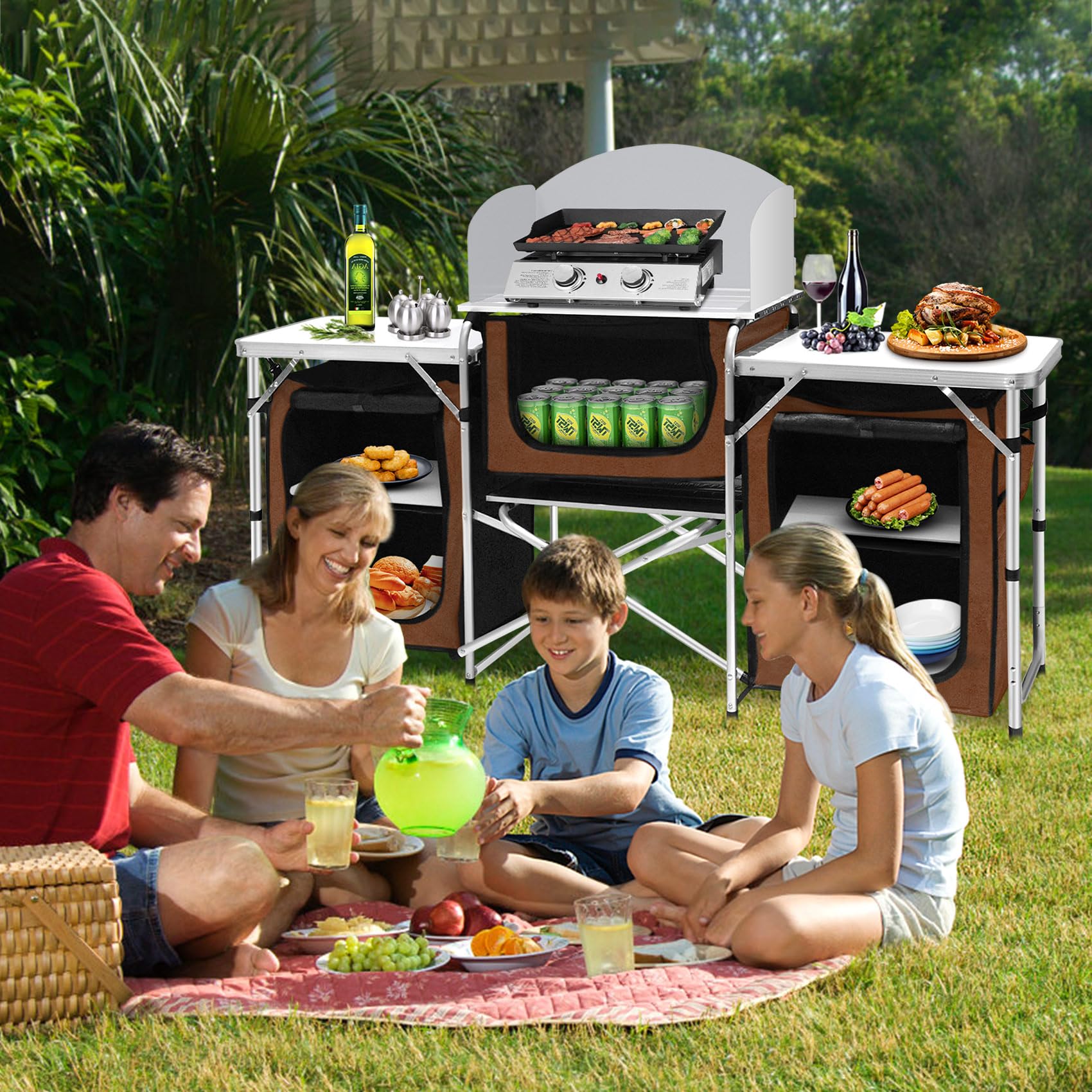 Portable Aluminum Camping Kitchen Table with Windscreen & 3 Storage Cupboards - Foldable Outdoor Cooking Table for BBQ, Picnics, Parties - Perfect for Camping, Backpacking & Tailgating Adventures