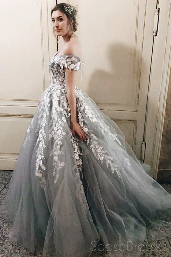 Elegant Off Shoulder Grey Lace Beaded A-Line Long Evening Prom Dress for Sweet 16 | Formal Gown for Homecoming, Wedding, and Special Occasions
