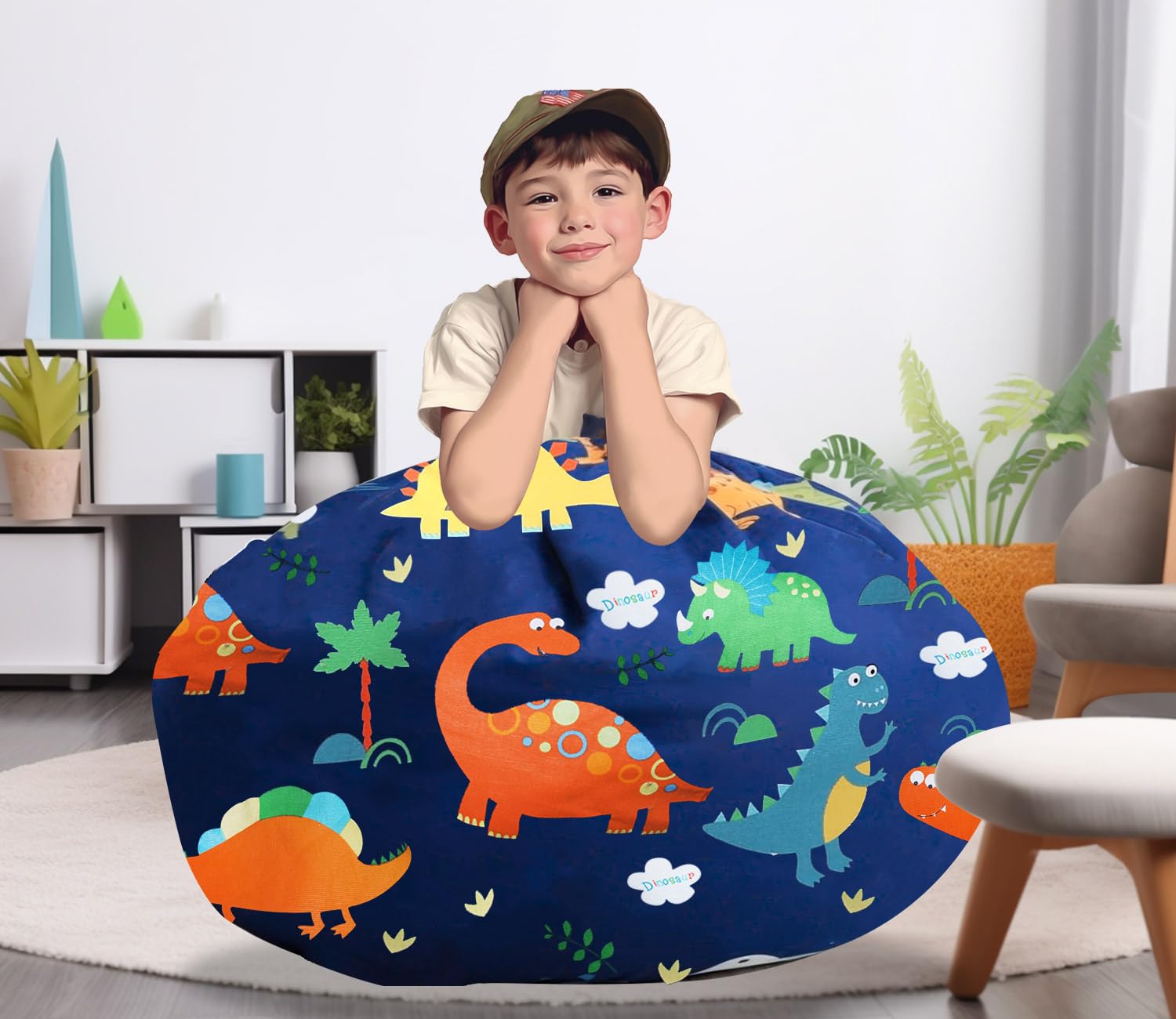 Soft Cotton Canvas Stuffed Animal Storage Bean Bag Chair with Zipper - No Filler Toy Organizer for Kids | Perfect for Playroom, Bedroom & Nursery Organization