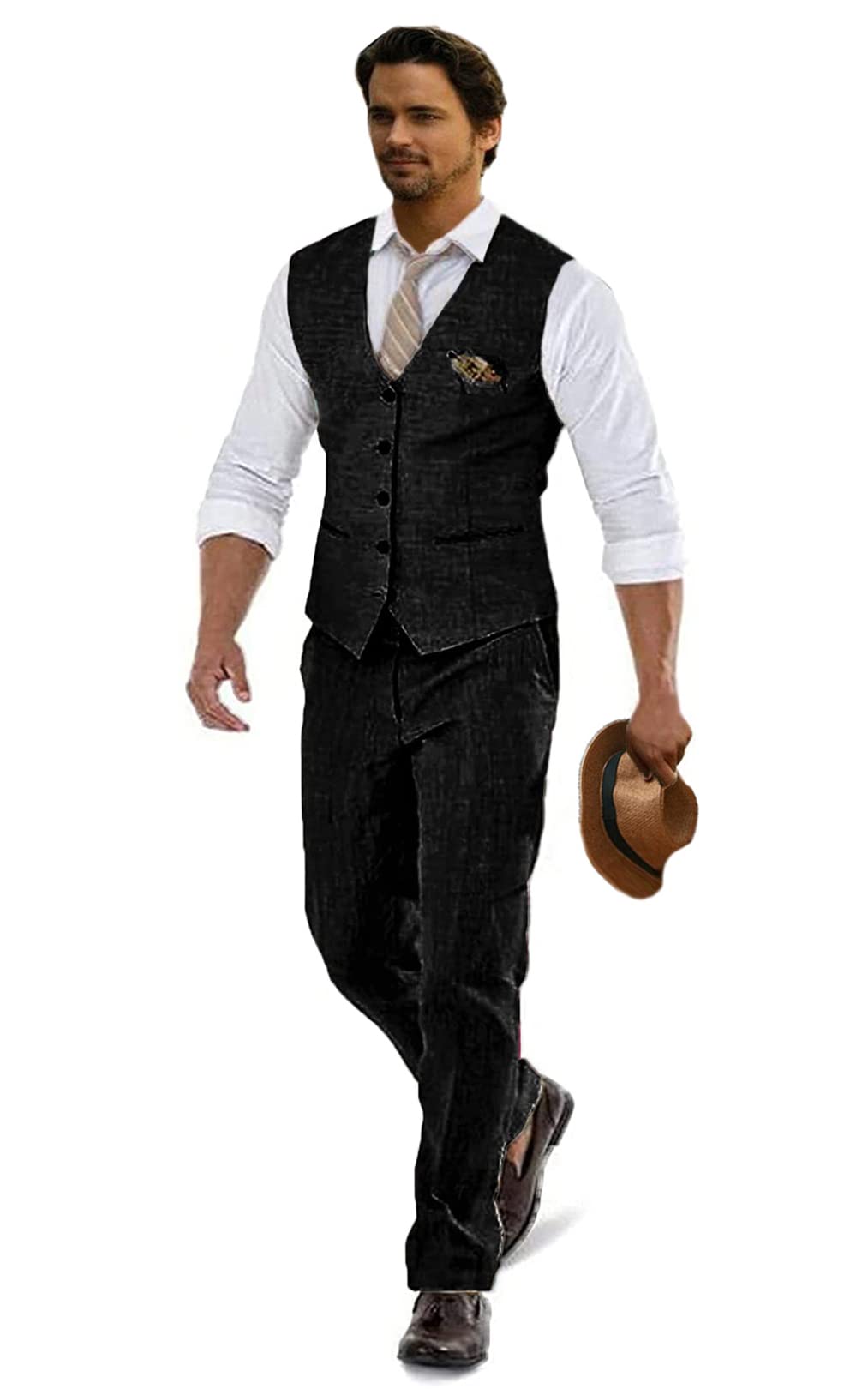 Furuyal Men's Linen Suit - 2 Piece Casual Wedding Suit Set with Vest & Pants for Groomsmen, Summer Beach Prom - Breathable Lightweight Formal Attire for Outdoor Events & Hot Weather Occasions
