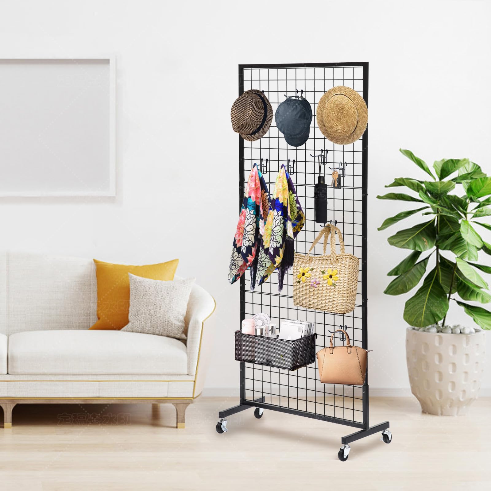 Black Wire Grid Wall Panel Display with Wheels - 2 Pack 2.5'x6' Gridwall Panels with T-Base Stand & 20 Hooks - Retail Store Display, Craft Fair Booth, Trade Show Merchandising - Perfect for Clothing, Jewelry, and Home Decor Organization