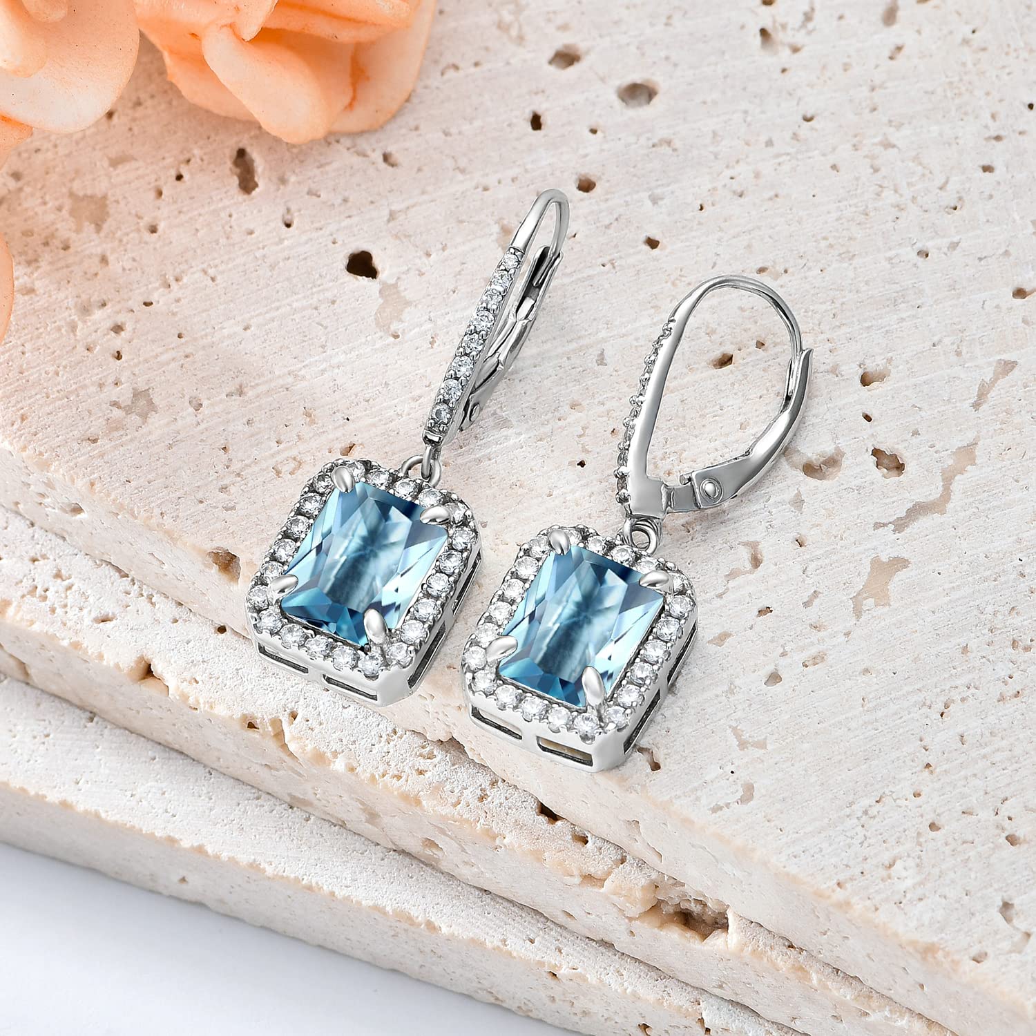 18K White Gold Plated S925 Sterling Silver 9x7mm Emerald Leverback Dangle Earrings for Women - Perfect Birthday, Anniversary & Mother's Day Gifts for Her, Mom & Ladies - Elegant Jewelry for Parties, Weddings & Special Occasions