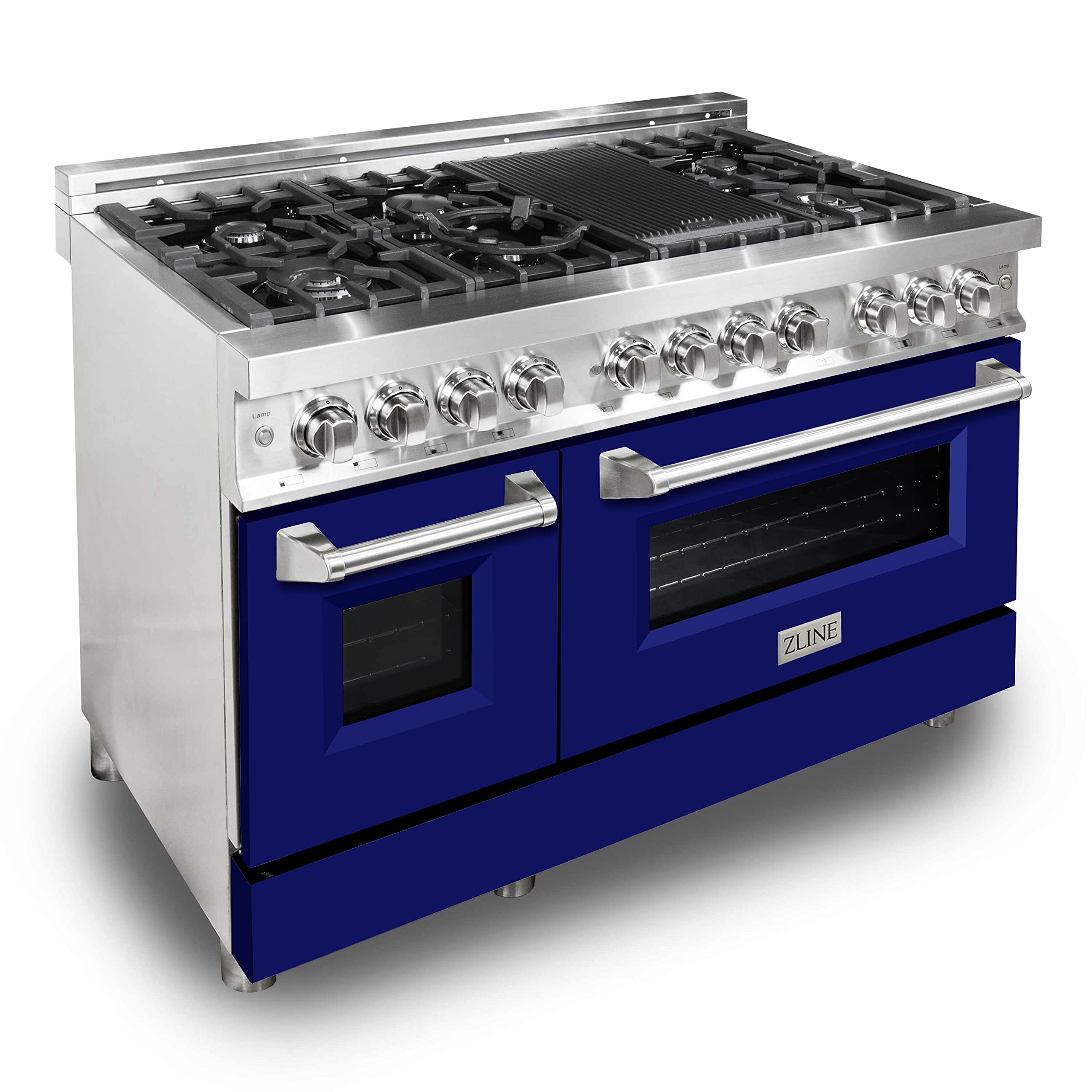 ZLINE 48-Inch 6.0 cu.ft Dual Fuel Range with 7-Burner Gas Cooktop & 2 Electric Ovens - Stainless Steel & Blue Matte Doors (RA-BM-48) | Professional Kitchen Appliance for Home Chefs & Cooking Enthusiasts