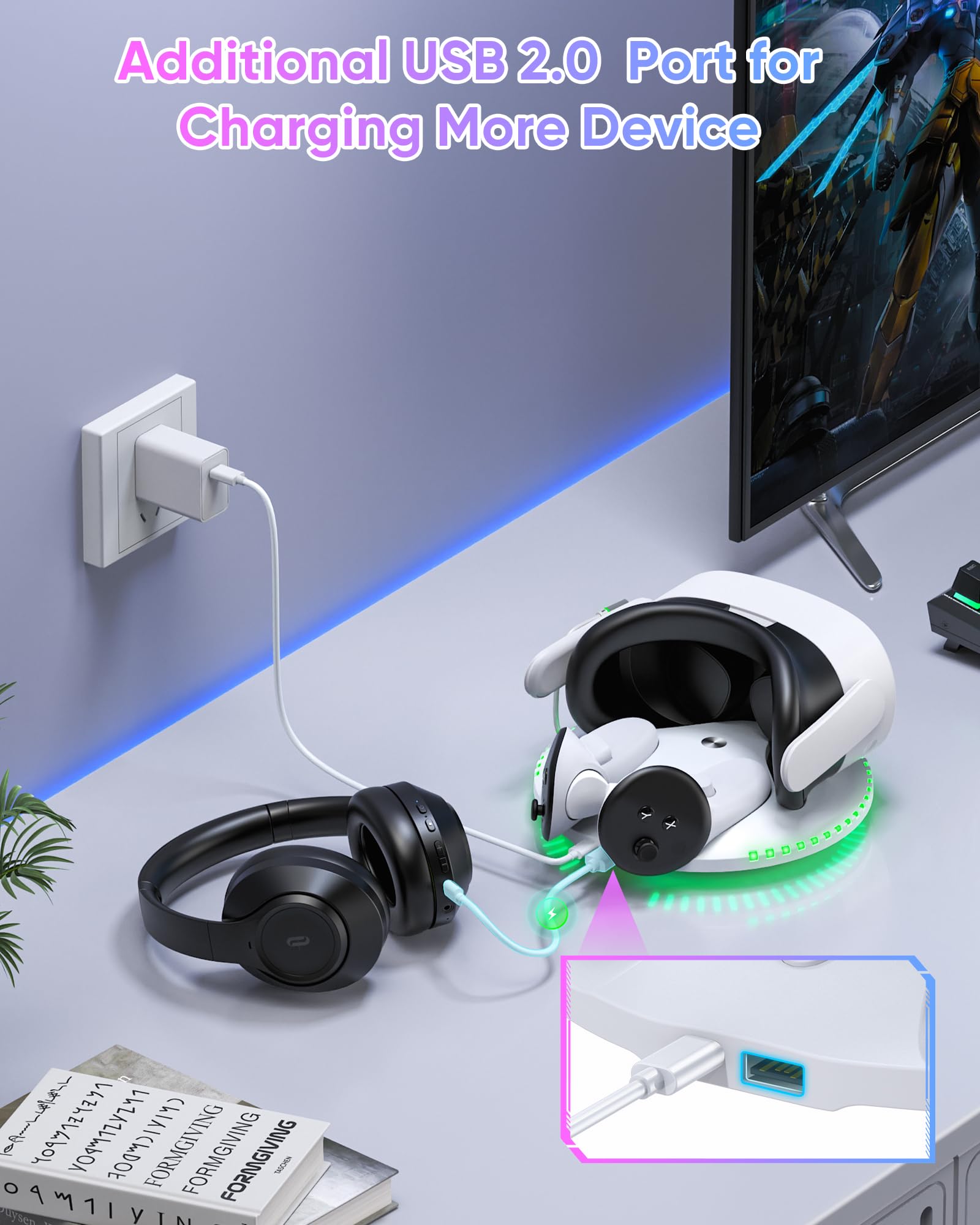 Kinwin 30W Fast Charging Dock for Meta Quest 3 & Quest 3S - VR Headset and Controller Charging Station with RGB Lights & 2 Rechargeable Batteries - Perfect for Gaming, VR Entertainment & Oculus Accessories