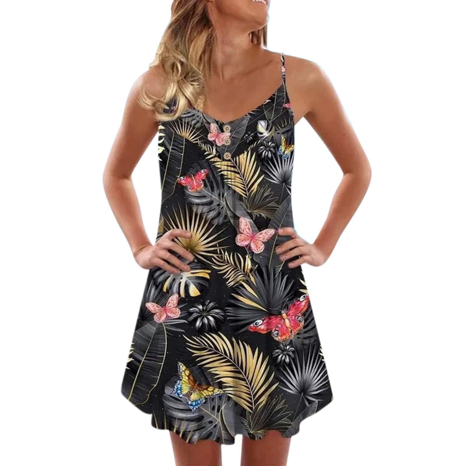 Floral Maxi Dress for Women - Casual Spaghetti Strap Lace Flare Short Sleeve Split Midi Dress for Beach, Party & Summer Outings