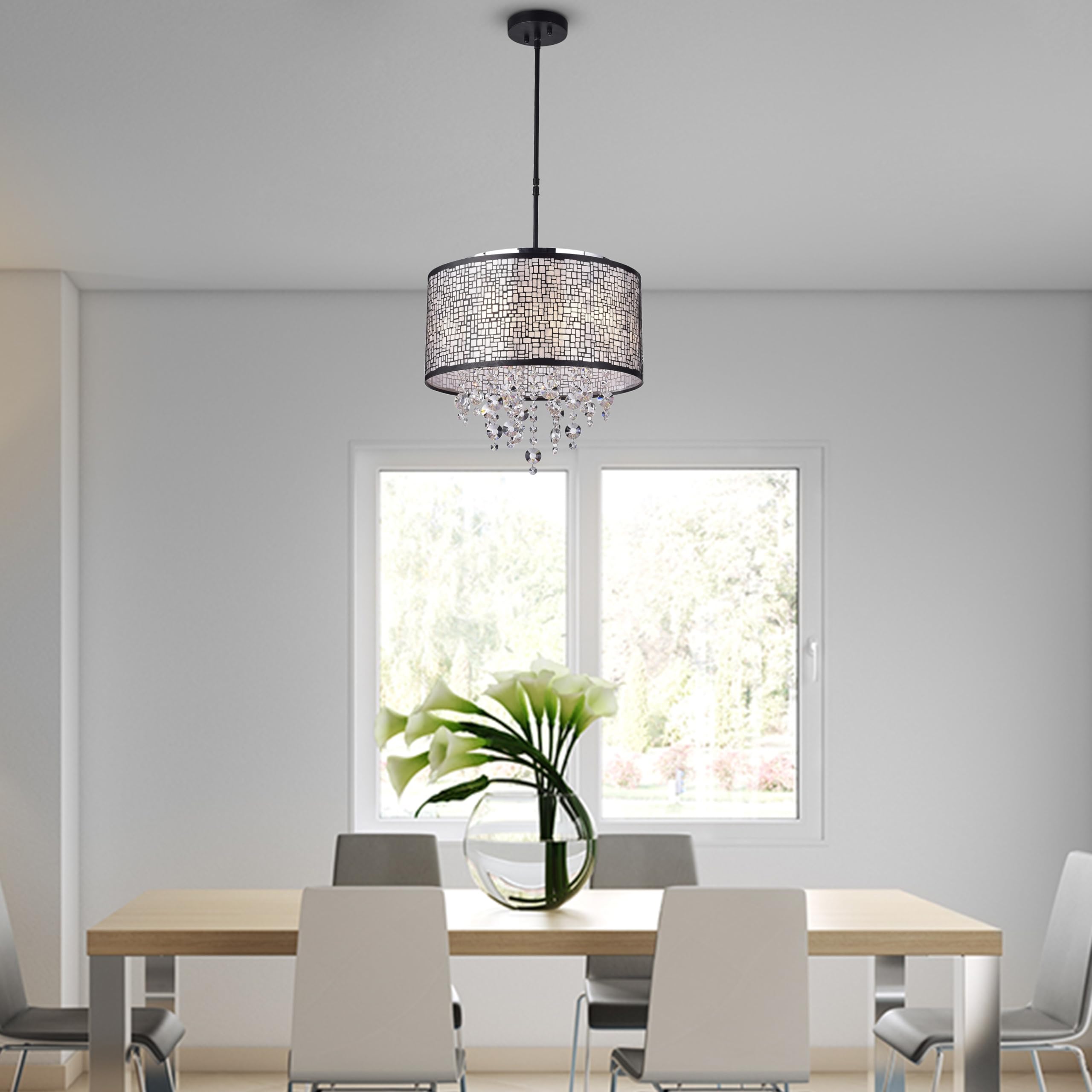 Anais 4-Light Black Metal Crystal Drum Chandelier - Modern Ceiling Lighting Fixture for Dining Room, Bedroom & Living Room Decor