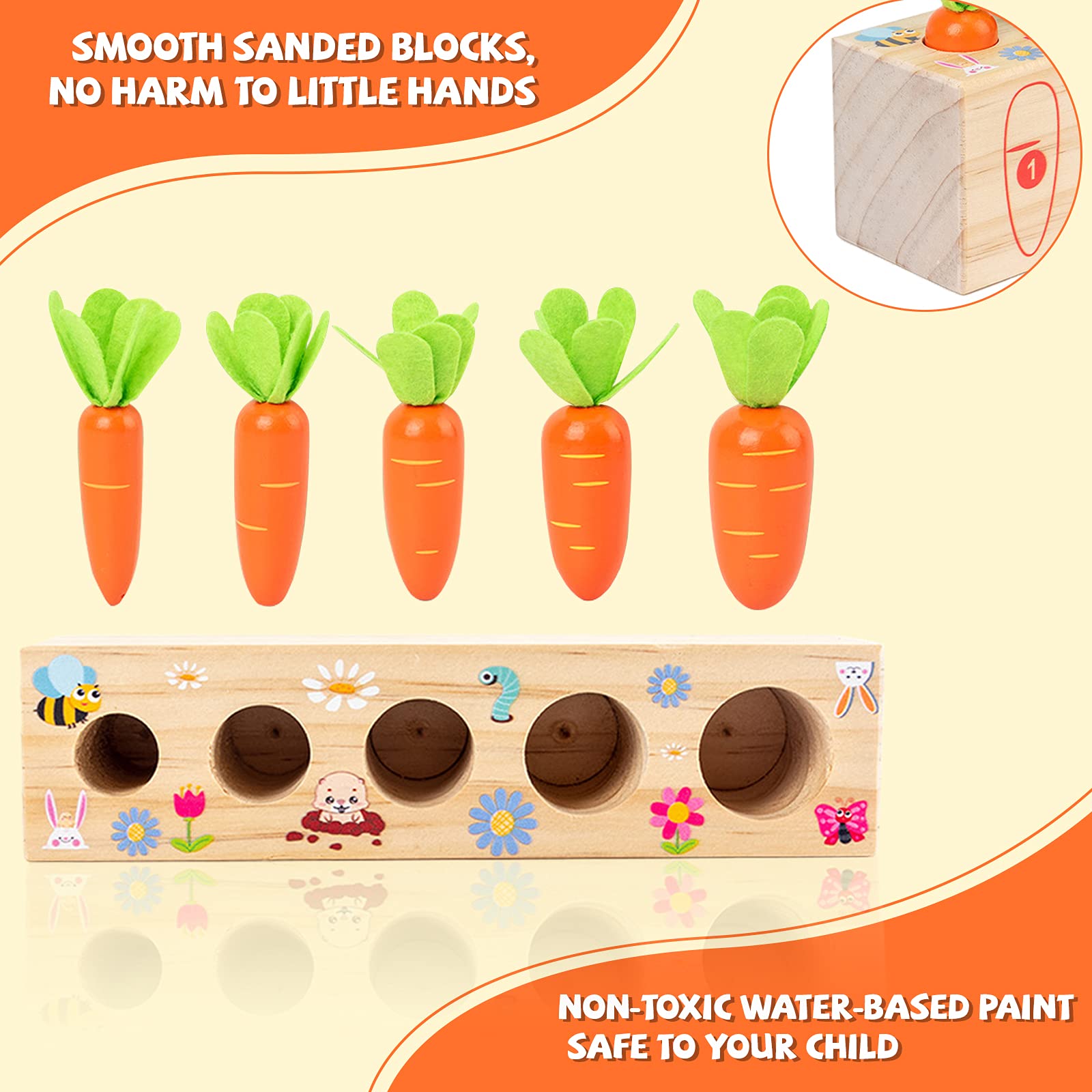 Montessori Wooden Carrot Shape Sorting & Matching Game - Fine Motor Skills Learning Toy for Toddlers 1-3 Years Old | Preschool Educational Gift for Boys & Girls | Perfect for Classroom, Daycare & Homeschooling Activities