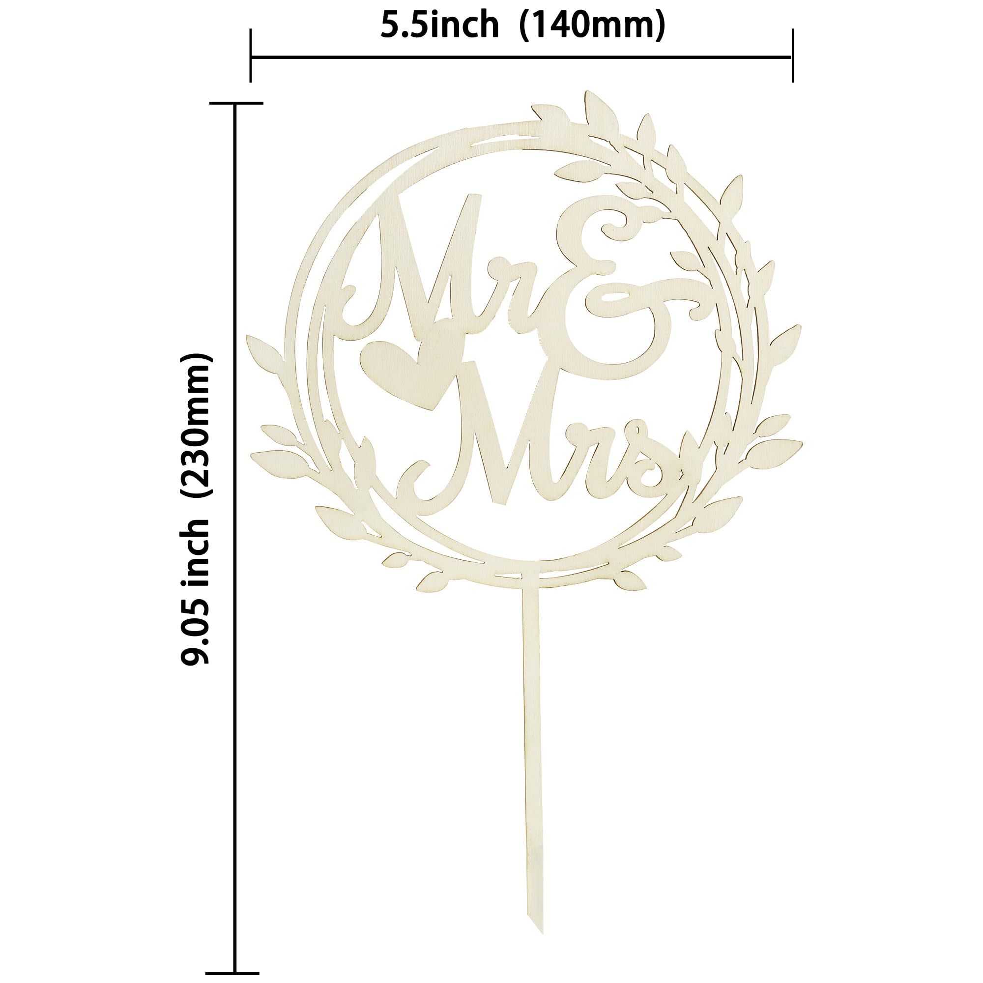 Mr & Mrs Wooden Leaves Wreath Cake Topper - Wedding Engagement Cake Decor for Bridal Shower, Birthday Party | Rustic Elegant Cake Decoration for Anniversary, Baby Shower & Special Celebrations